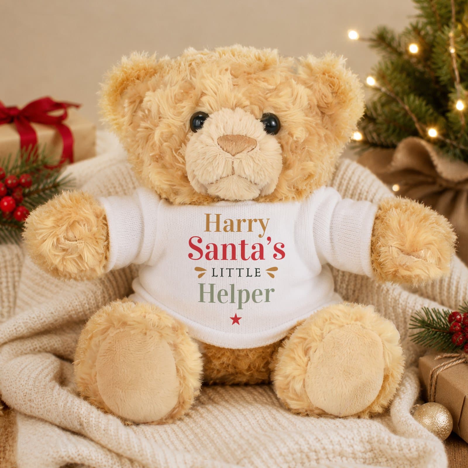 Fluffy Santa's Little Helper teddy bear wearing a T-shirt