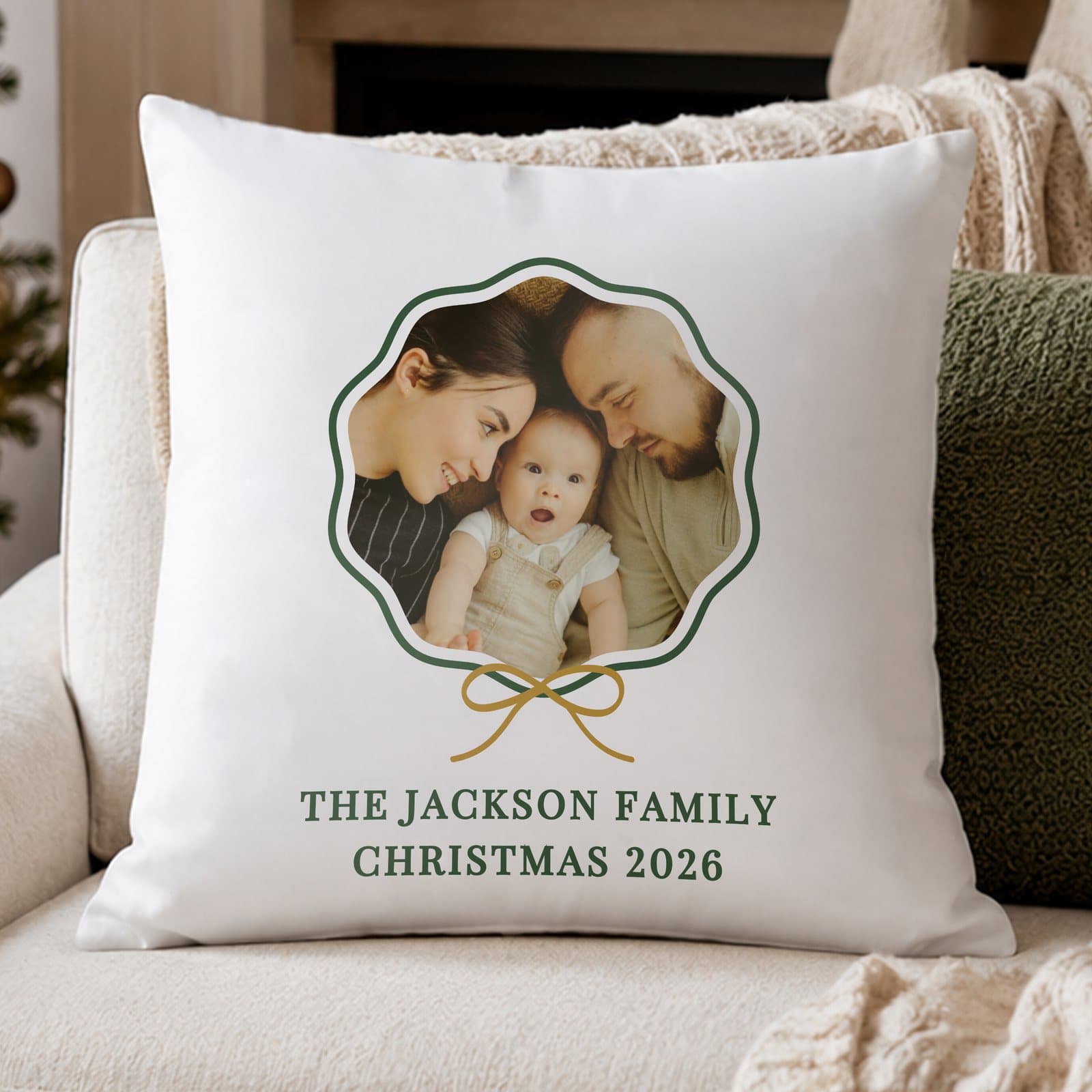 Square photo cushion with a two-line message printed in capital letters