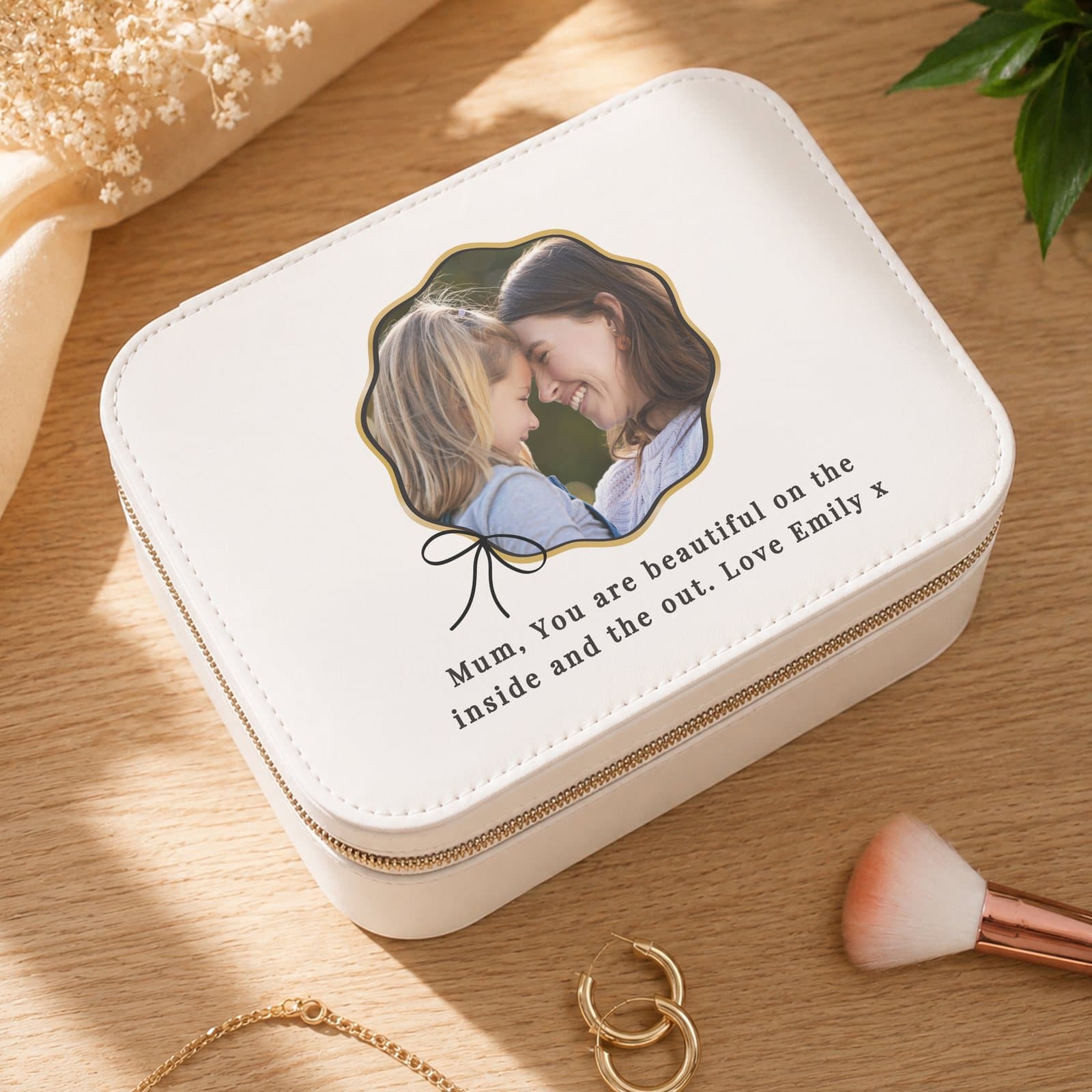 Leatherette jewellery box with a bow detail, personalised with a photo and message