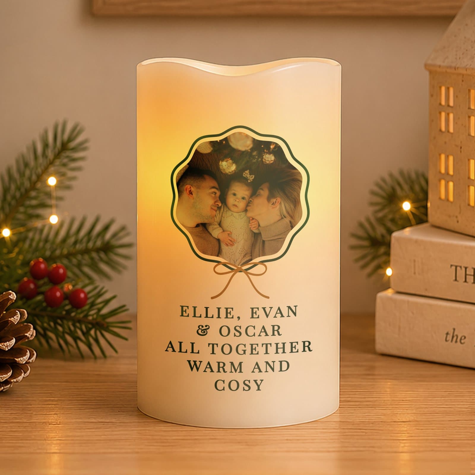Scallop Bow LED candle with a photo and five lines of personalised text