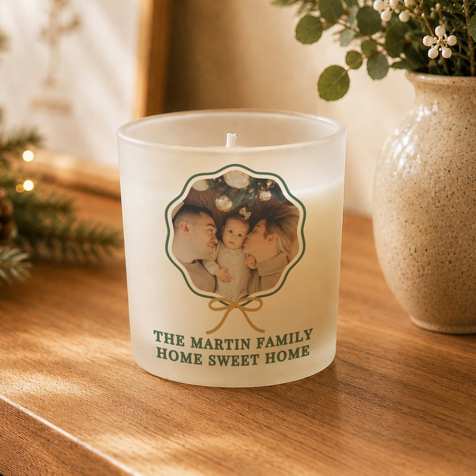 Scented jar candle with a photo and two lines of text