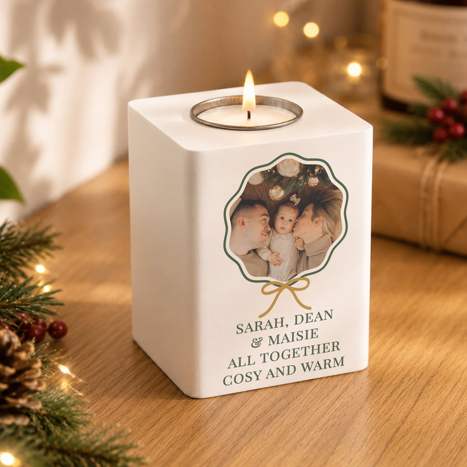 White wooden scallop bow tealight holder with a photo and four lines of text