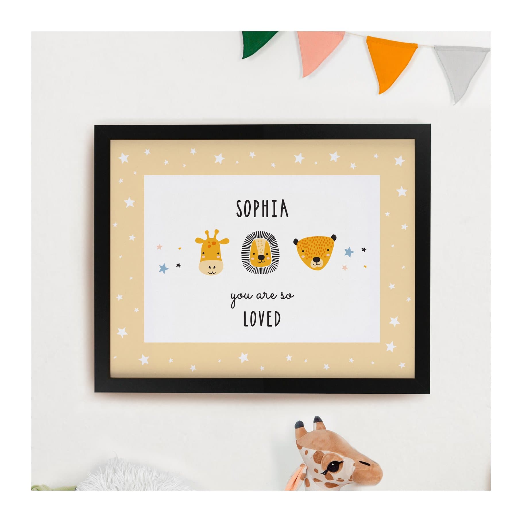 Framed Scandi safari animal print with personalised lines of text