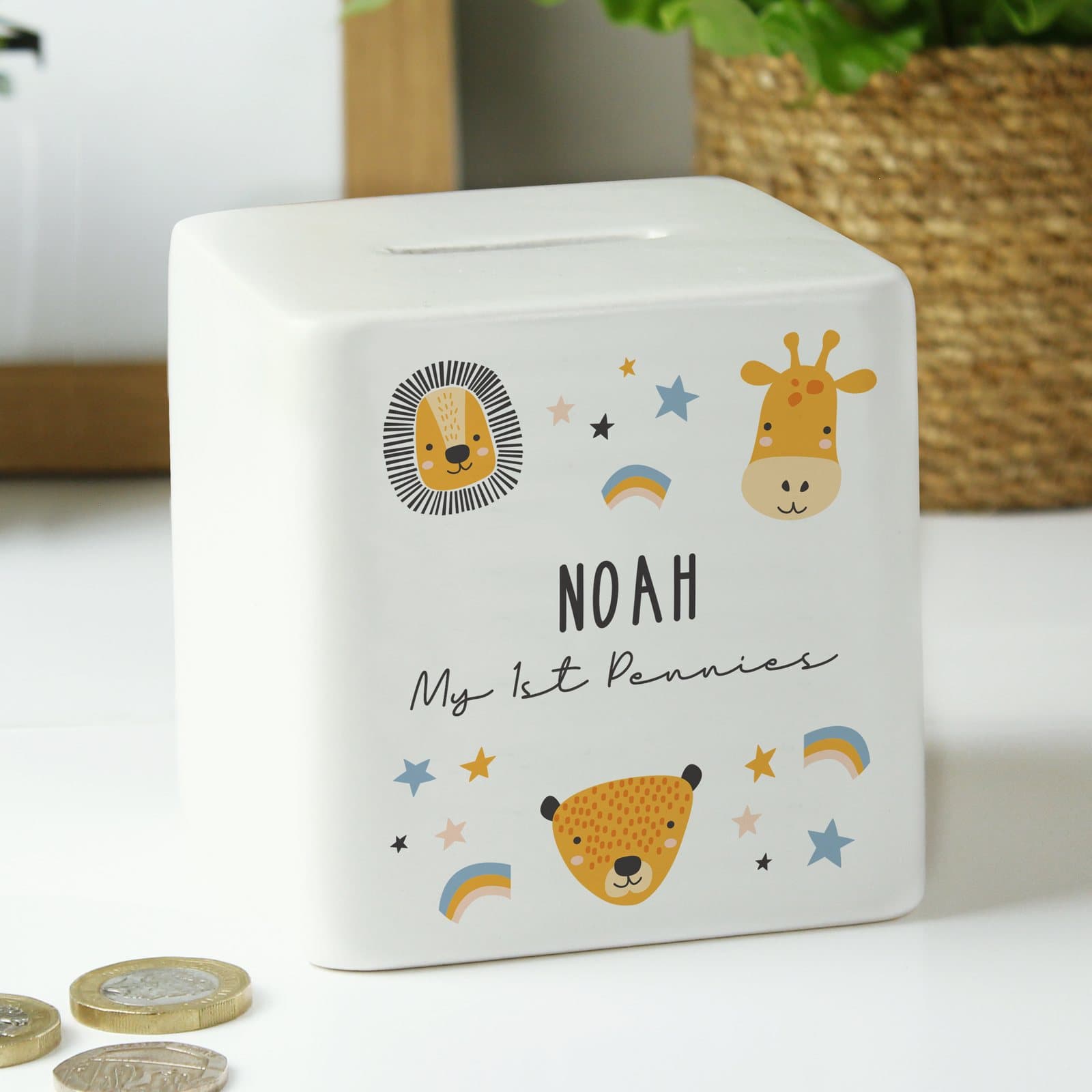 Square ceramic money box with Scandi safari animals