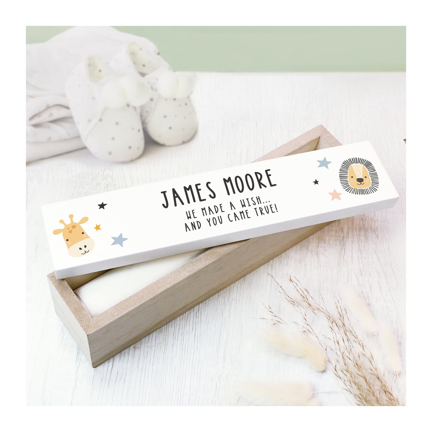 Wooden birth certificate holder with a Scandi safari animals design