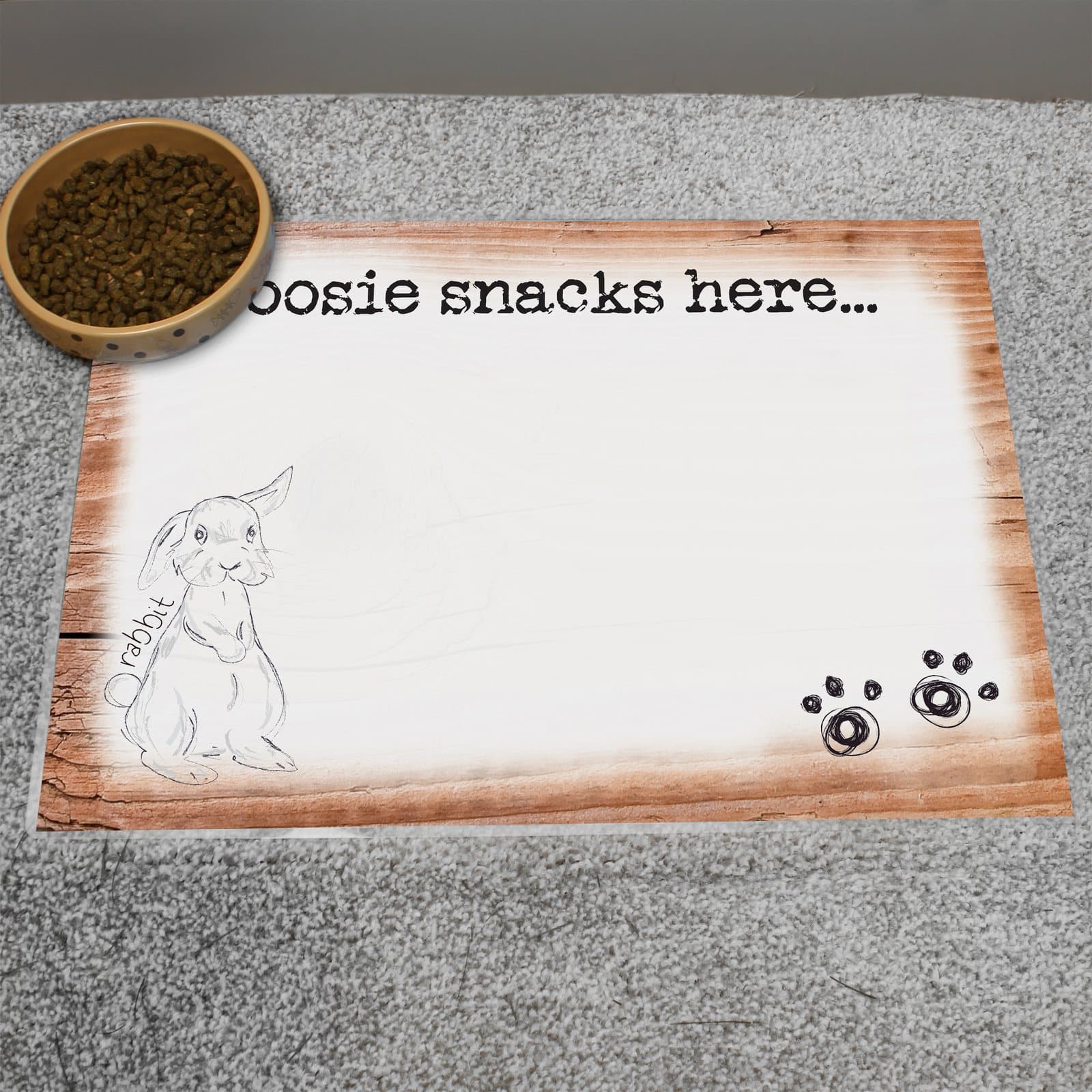 Scribble bunny pet bowl mat with a personalised message along the top