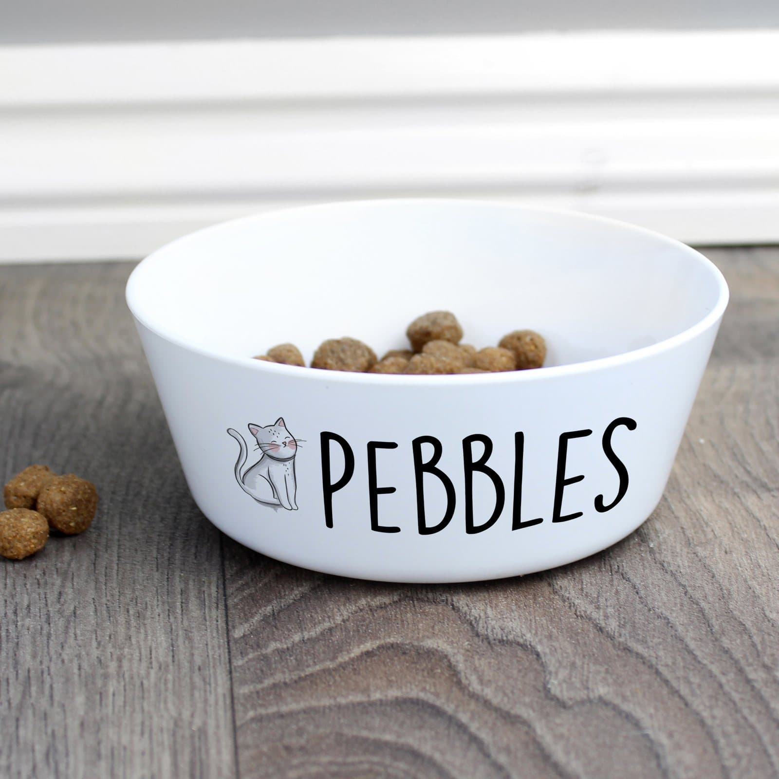 Plastic scribble cat bowl personalised with a cat's name