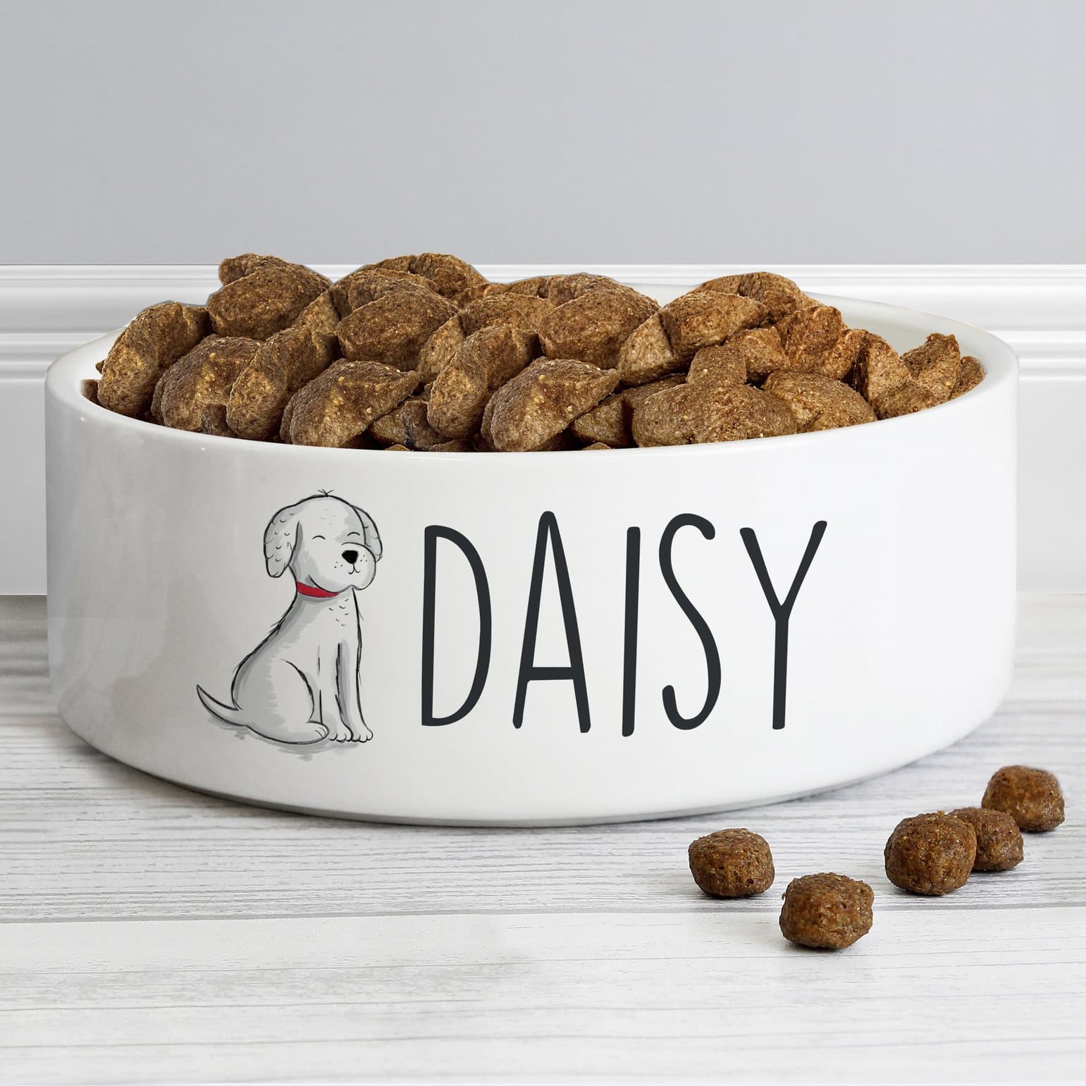 White ceramic scribble dog bowl personalised with a name