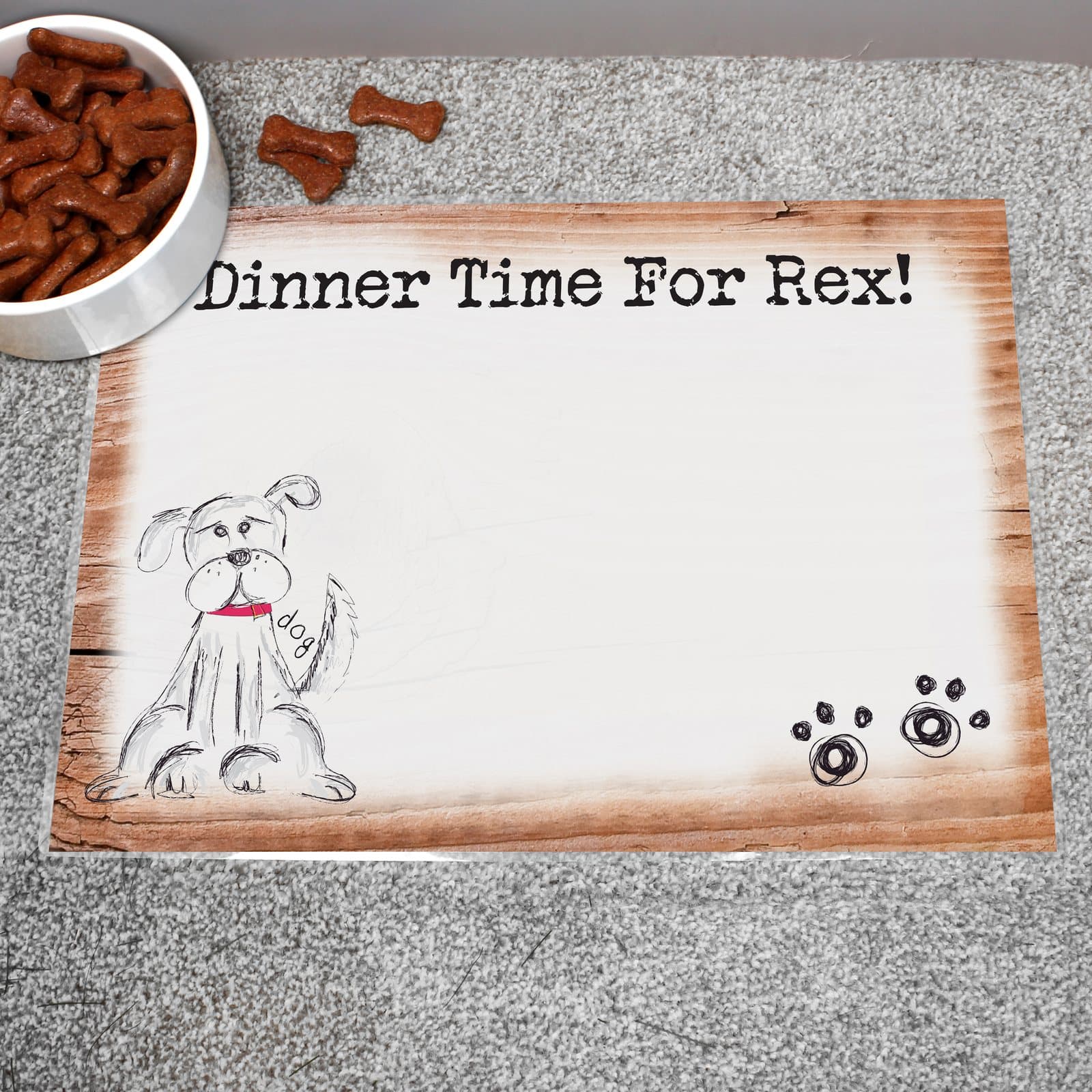 Scribble dog pet bowl mat with a personalised message along the top