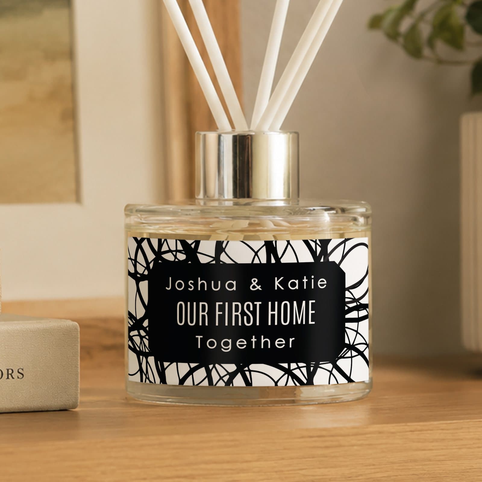 Personalised scribble glass reed diffuser with three lines of text