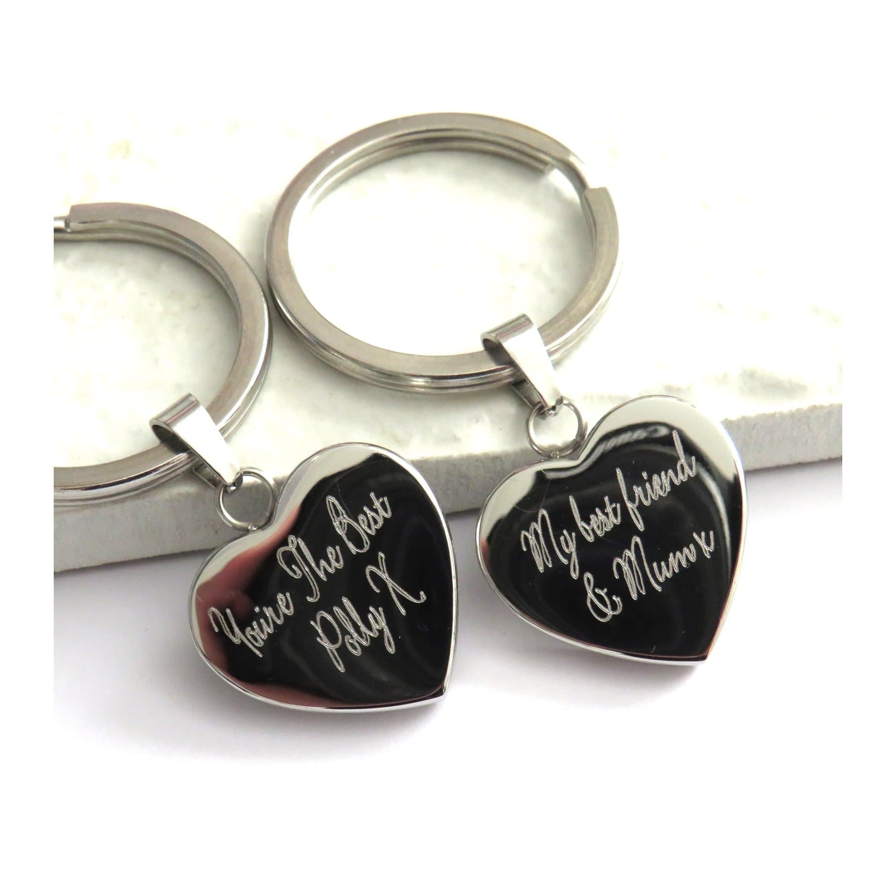 Personalised script engraved heart keyring in polished stainless steel