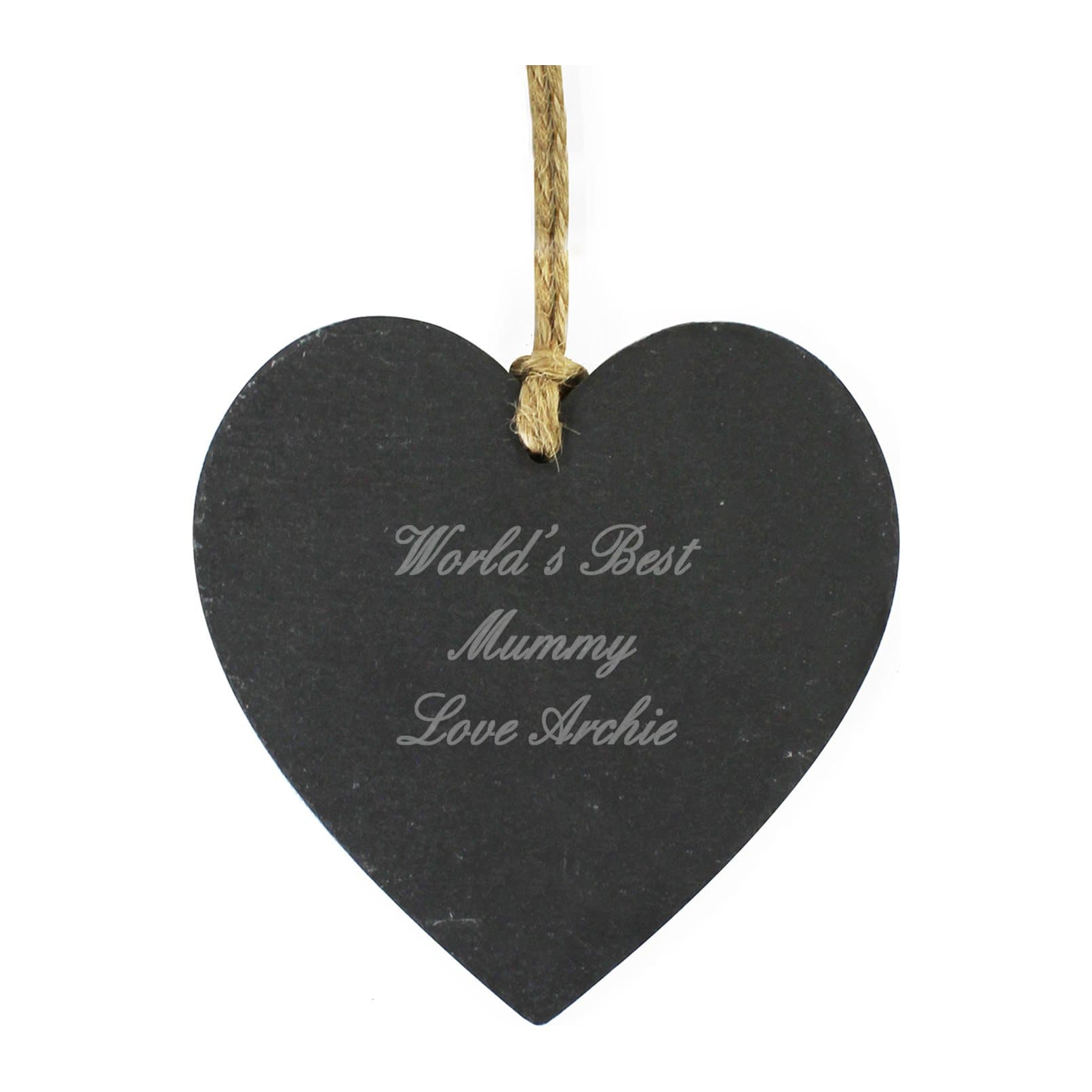 Slate heart decoration with three lines of script text hanging on natural string