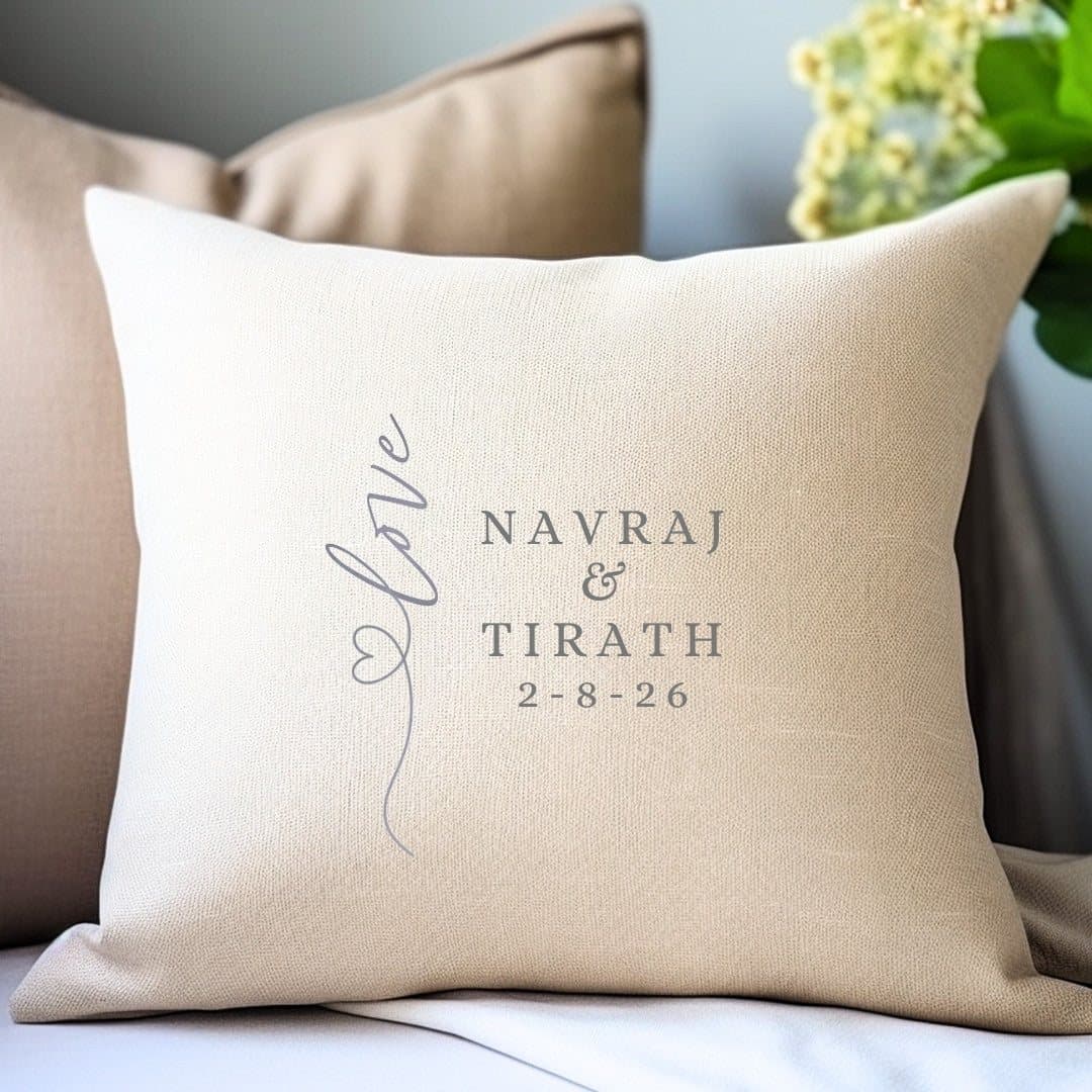 Personalised script love heart cushion in linen-look fabric