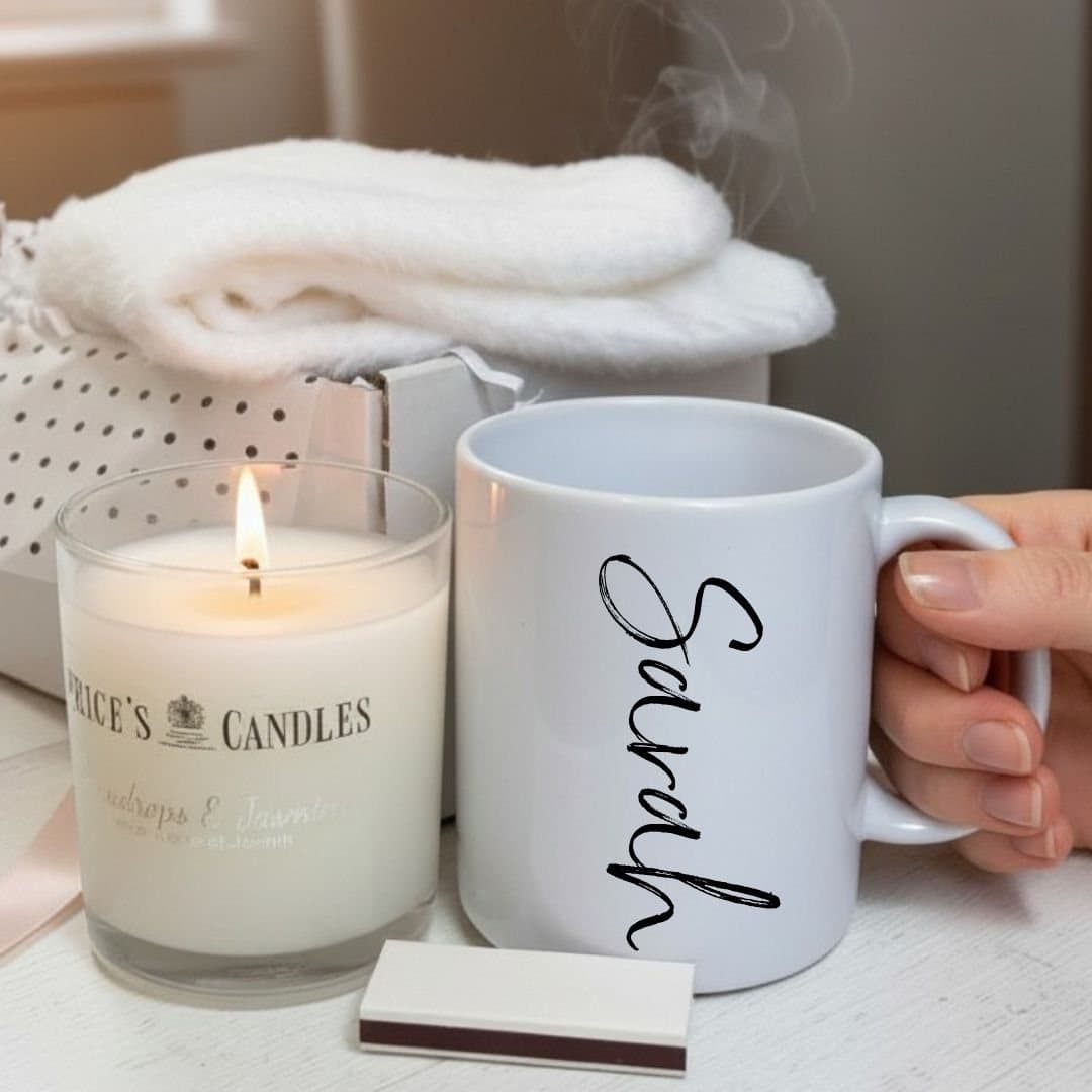 Personalised script name mug with fluffy socks, a scented candle and matches