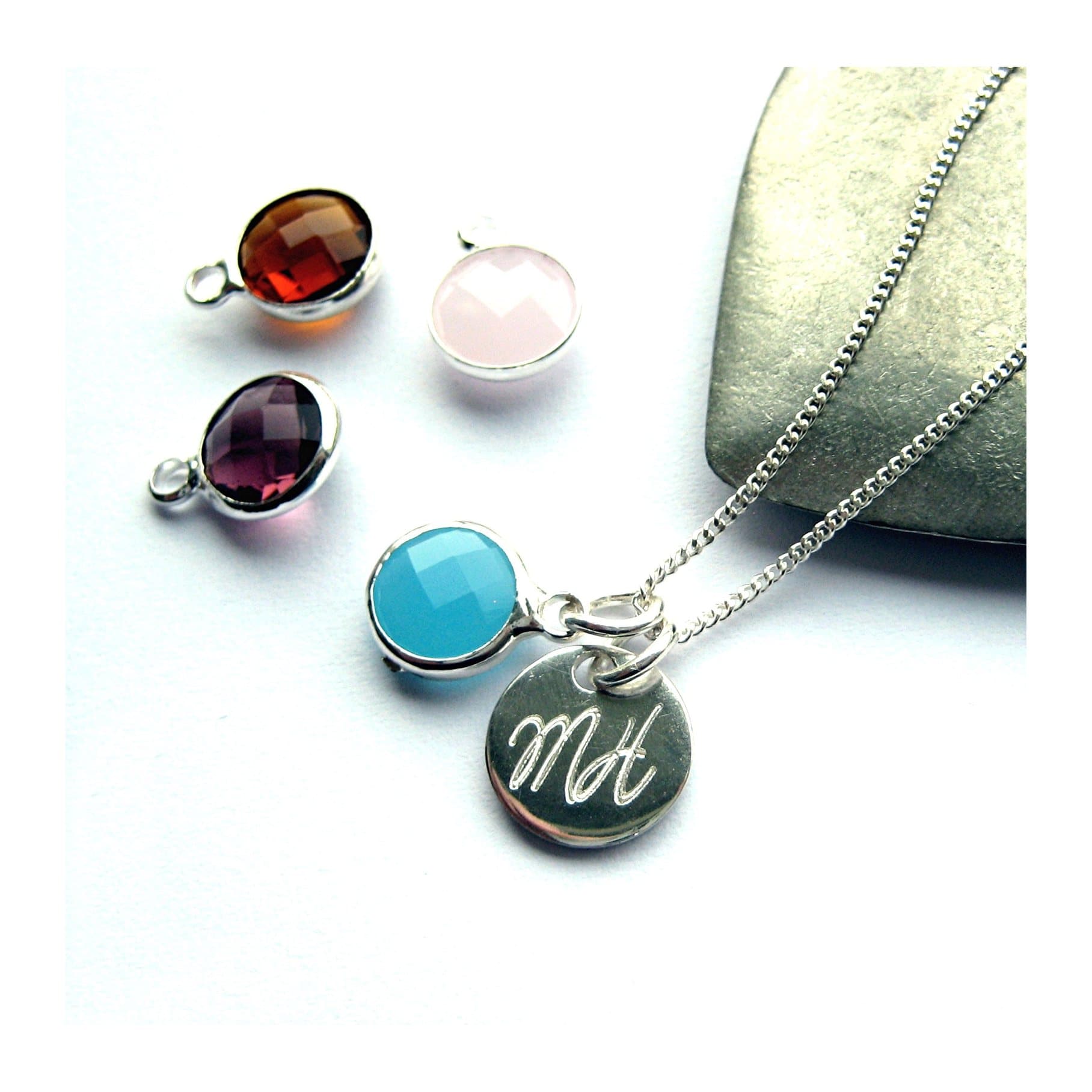 Personalised script necklace with a birthstone on a fine silver chain