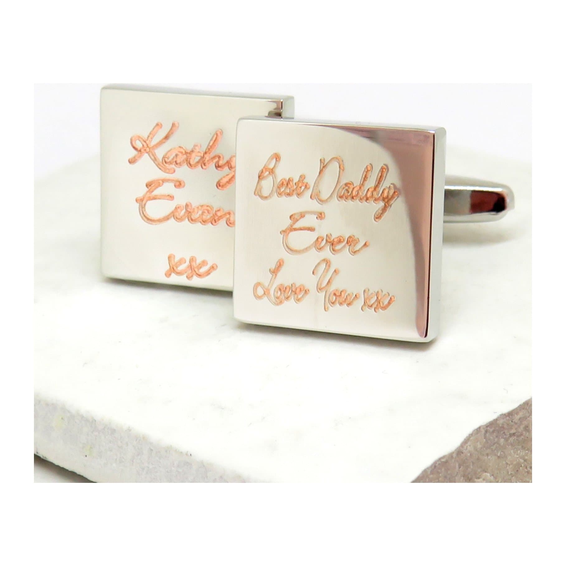 Personalised square cufflinks engraved in handwritten script