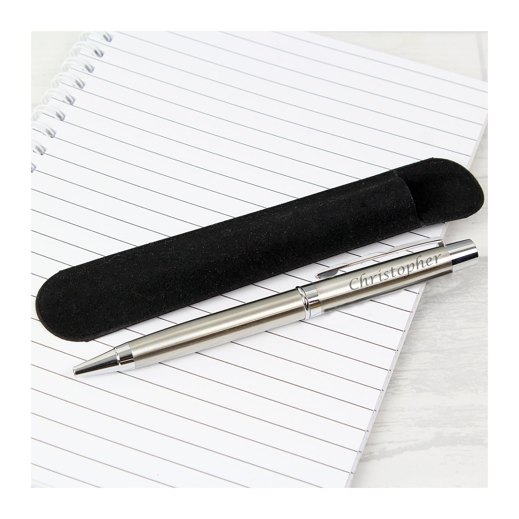 Personalised scripted pen with a black velvet-textured pouch