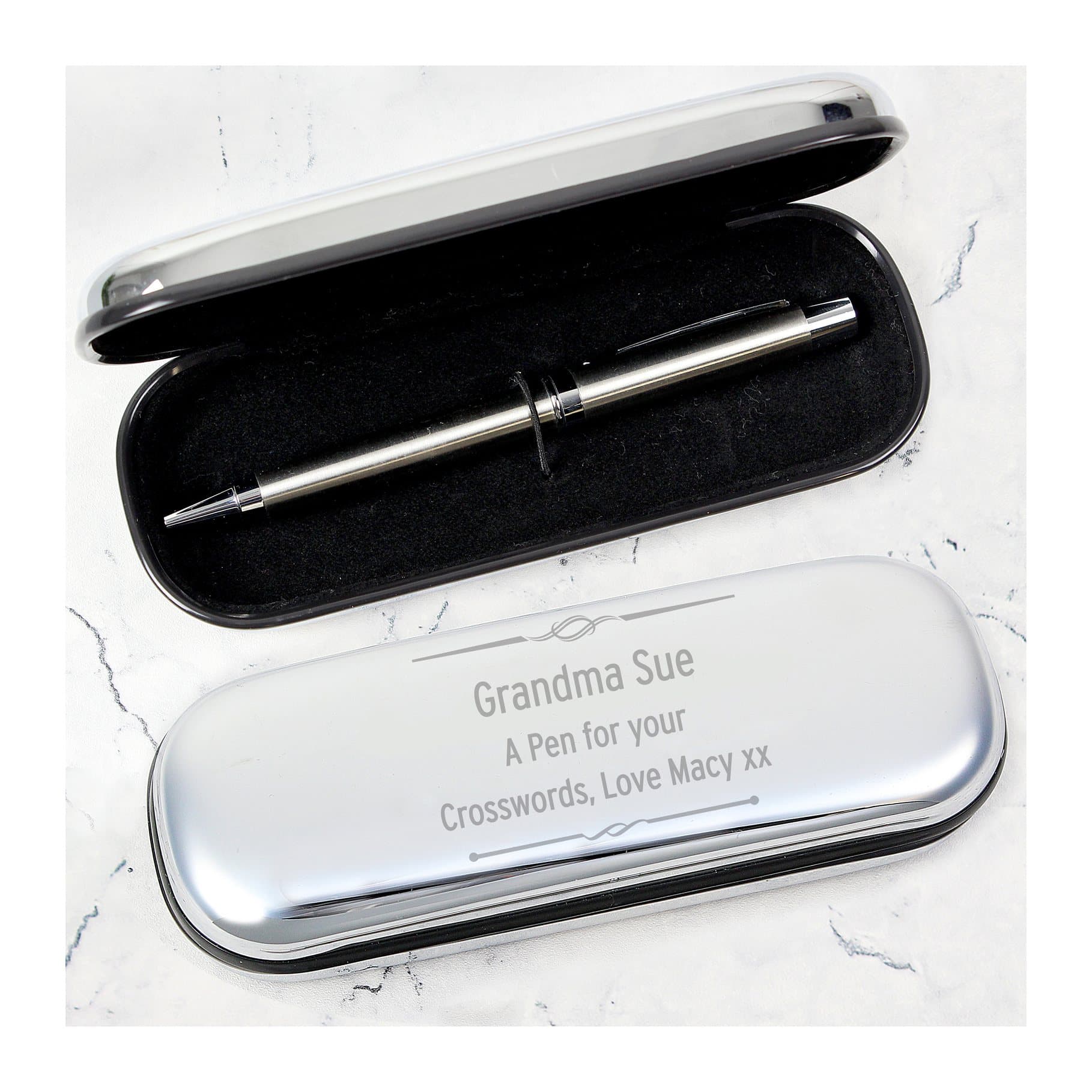 Personalised scroll pen and box set with a chrome plated case