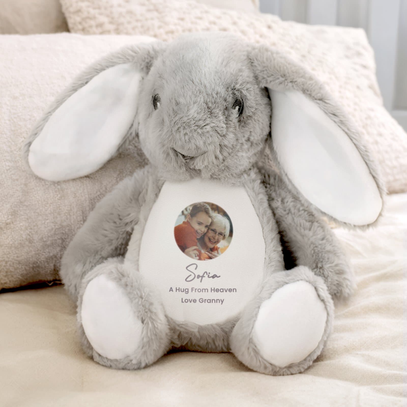 Plush bunny personalised with a photo, a name and a message