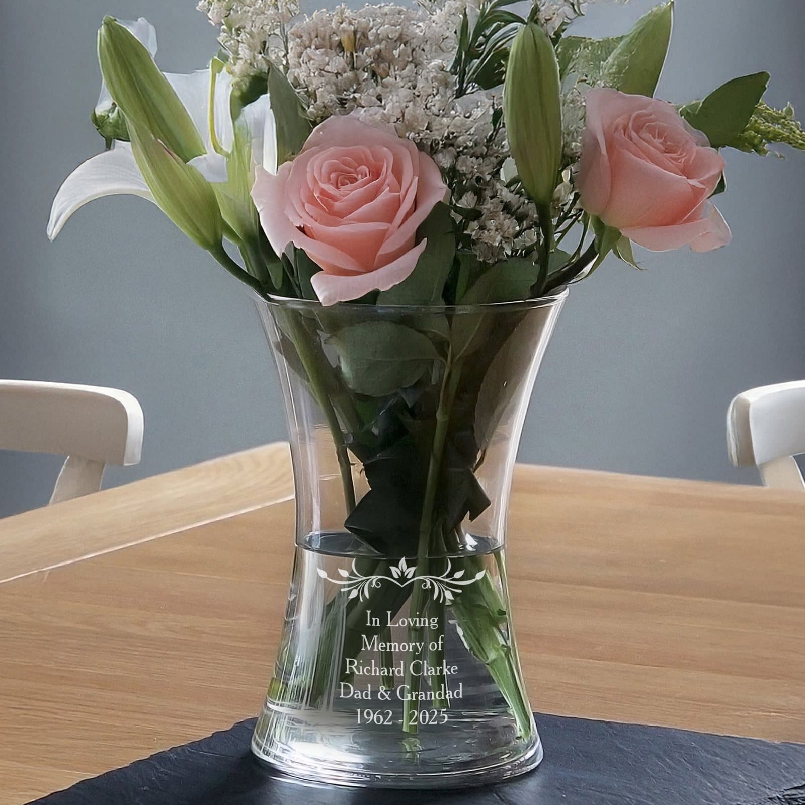 Glass vase personalised with five lines of message text