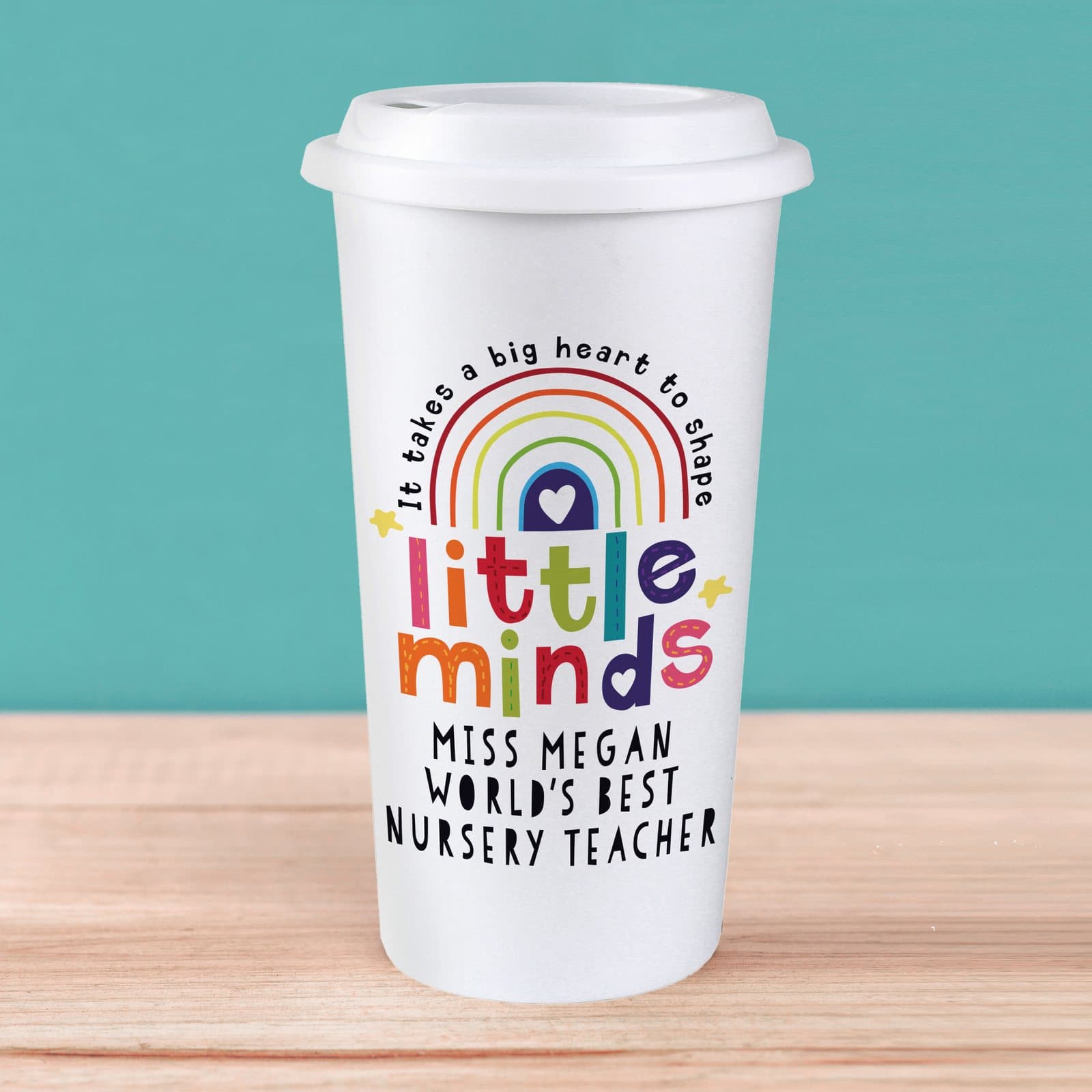 Plastic travel mug with screw-on lid and Shape Little Minds teacher wording