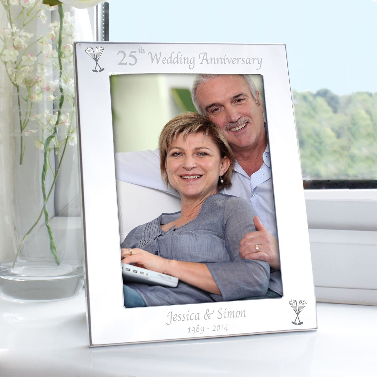 Personalised silver 25th wedding anniversary photo frame with message lines