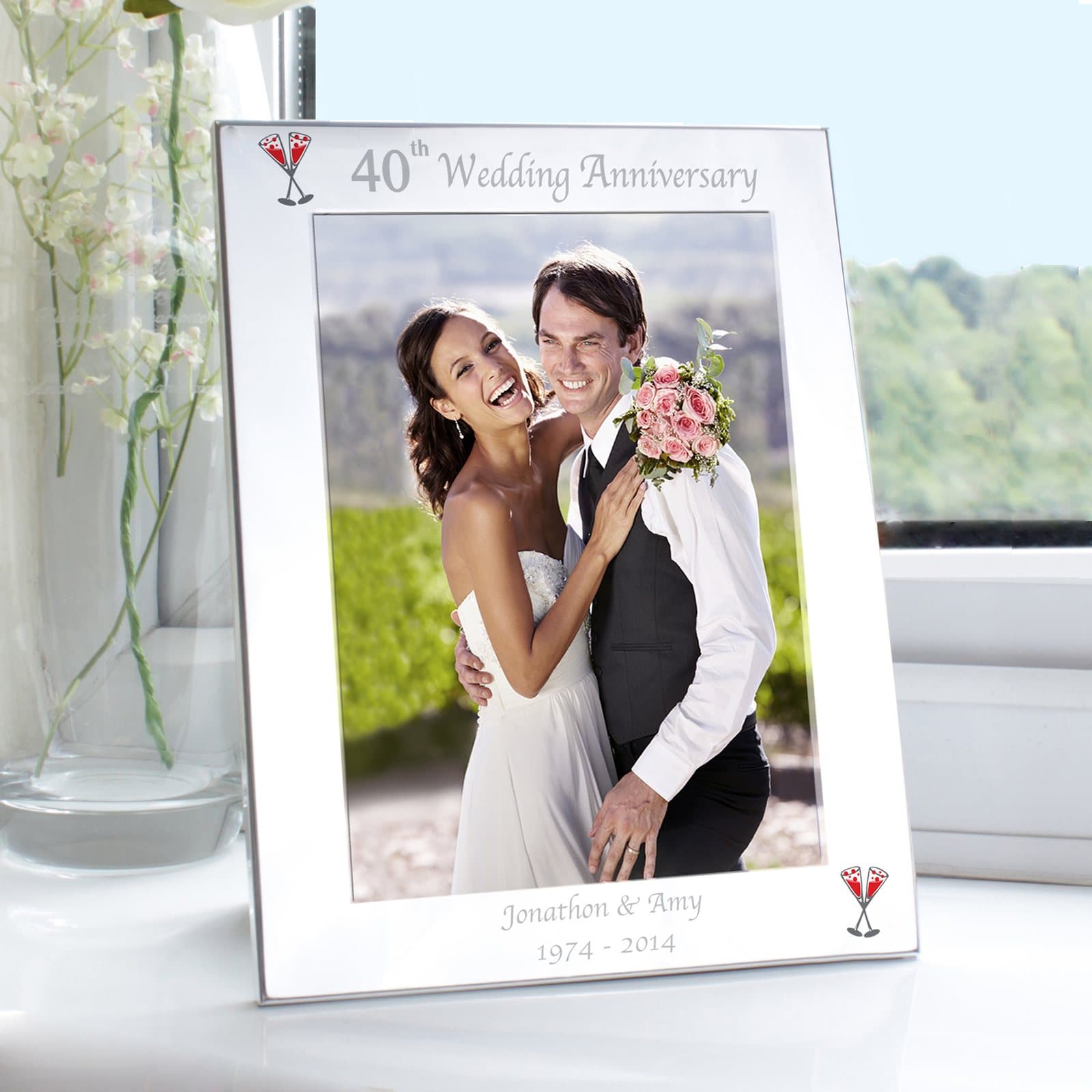 Personalised silver 40th wedding anniversary photo frame with message lines