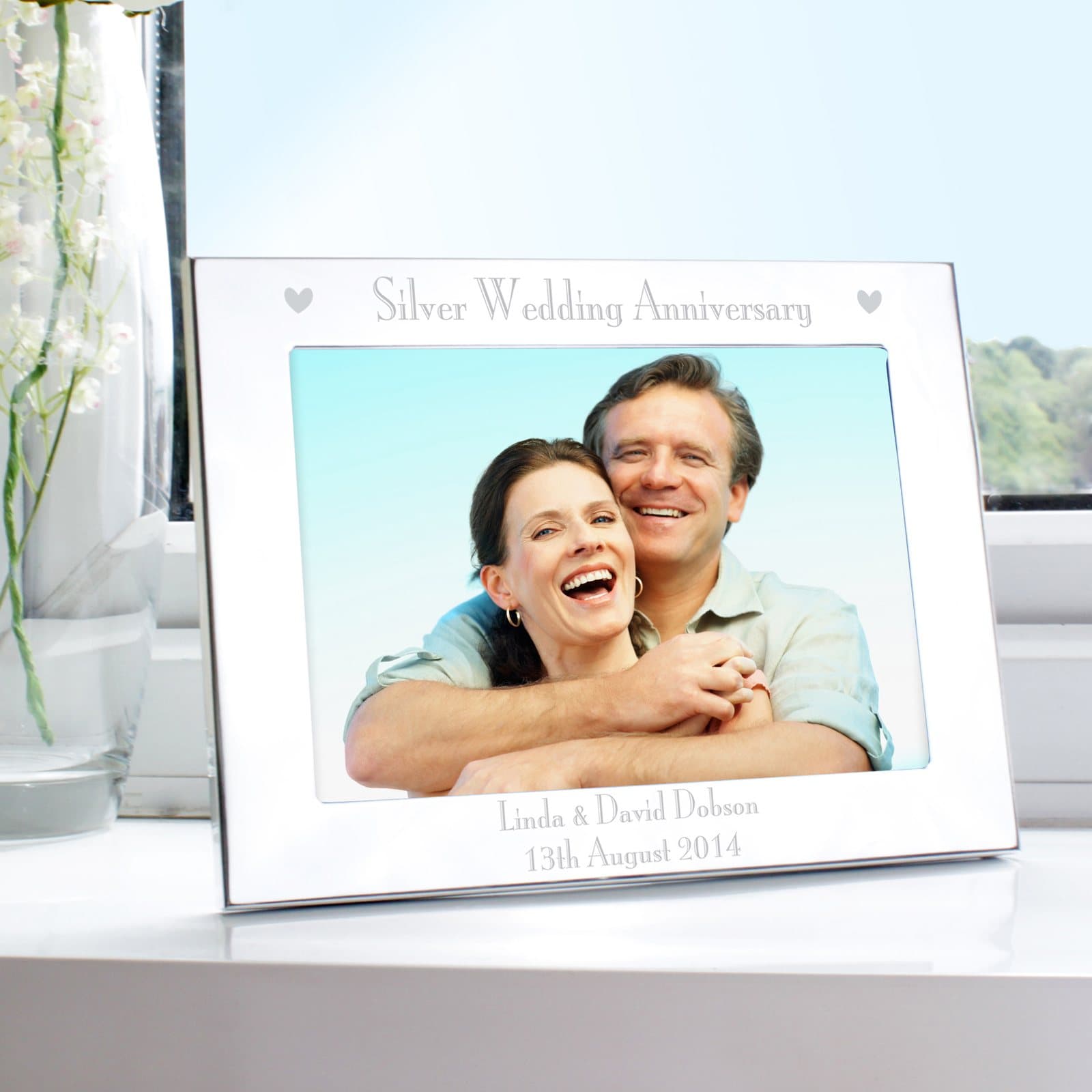 Silver aluminium landscape photo frame with Silver Wedding Anniversary and a message below