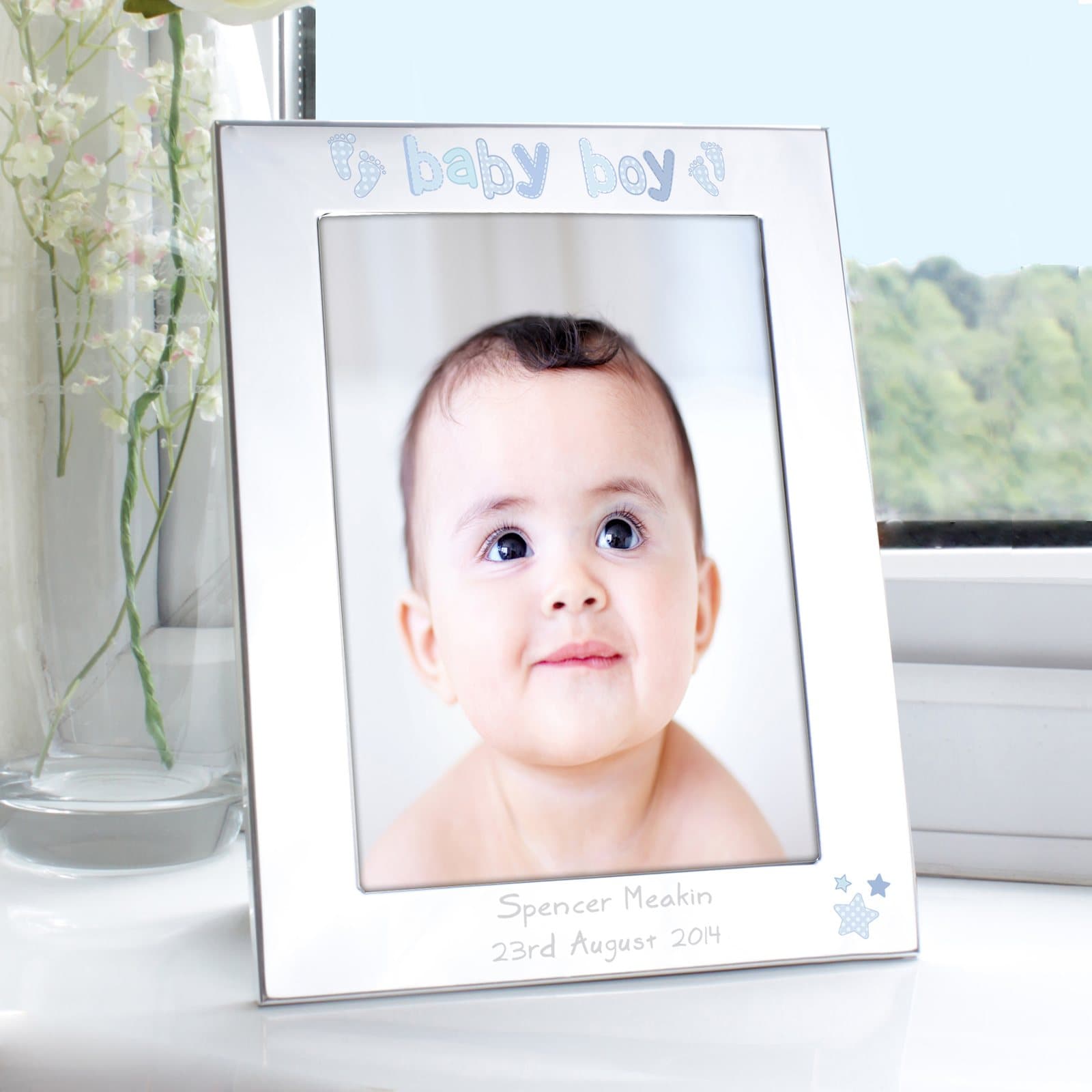 Personalised silver baby boy photo frame with message lines at the bottom