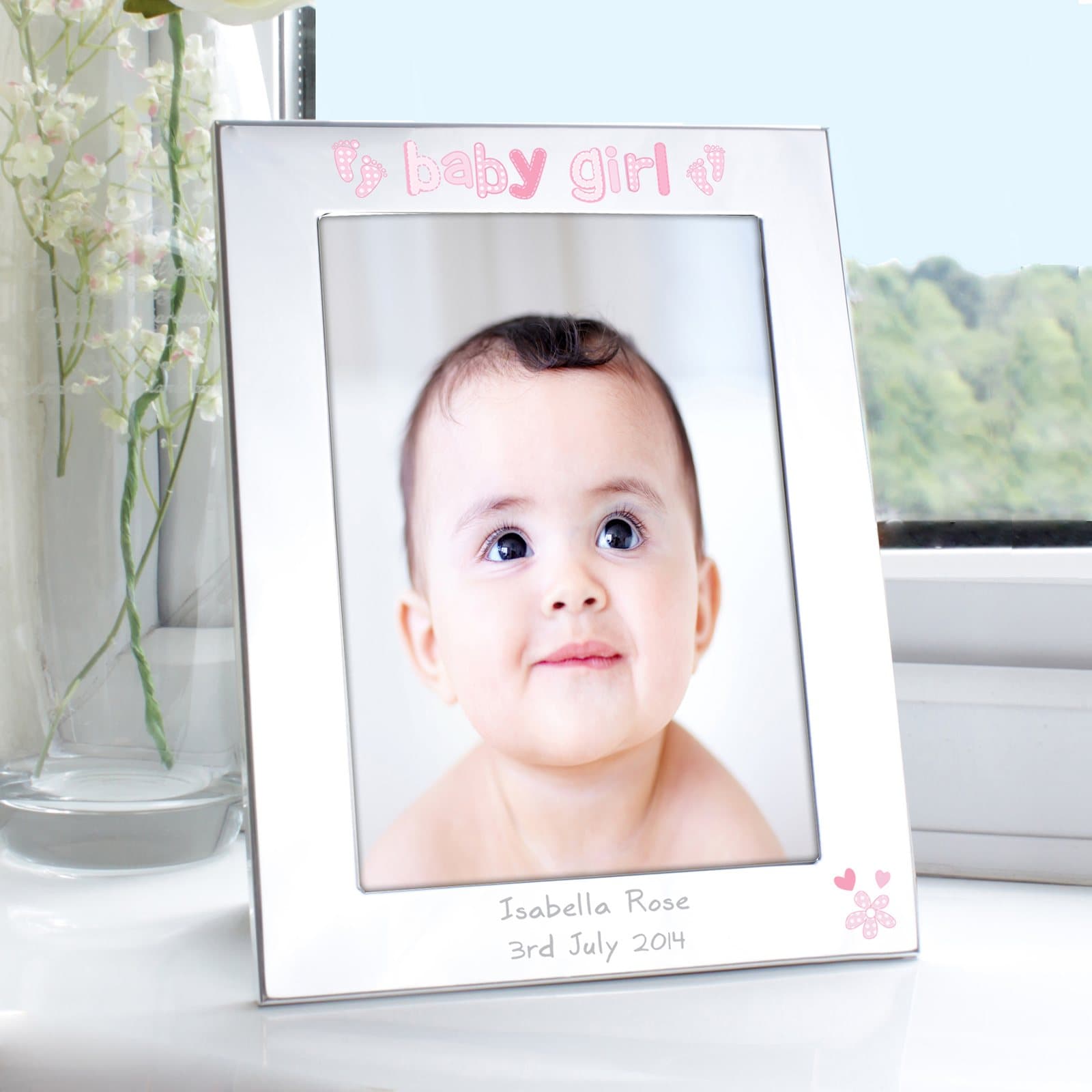 Personalised silver baby girl photo frame with message lines at the bottom