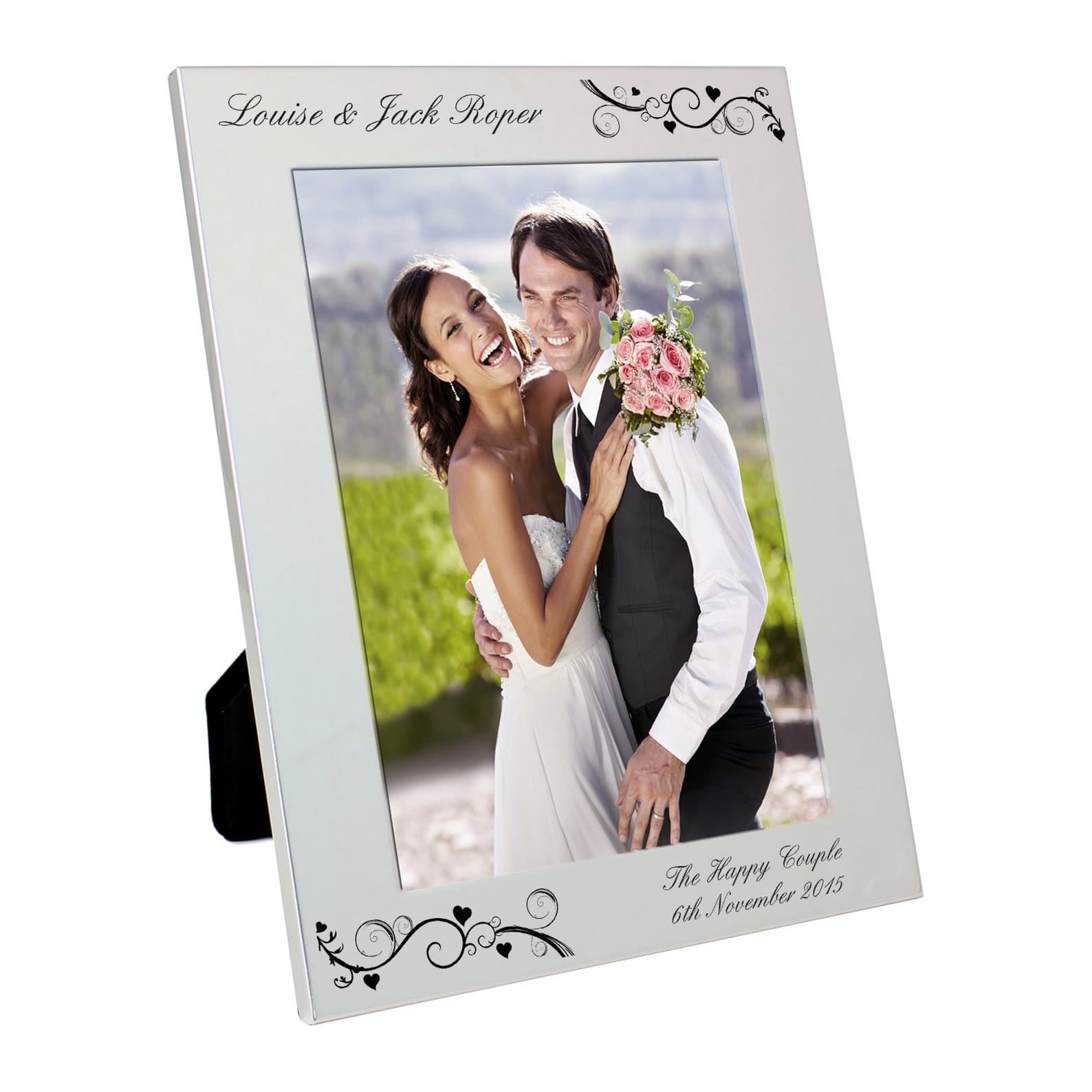 Silver Black Swirl photo frame with a personalised name and message