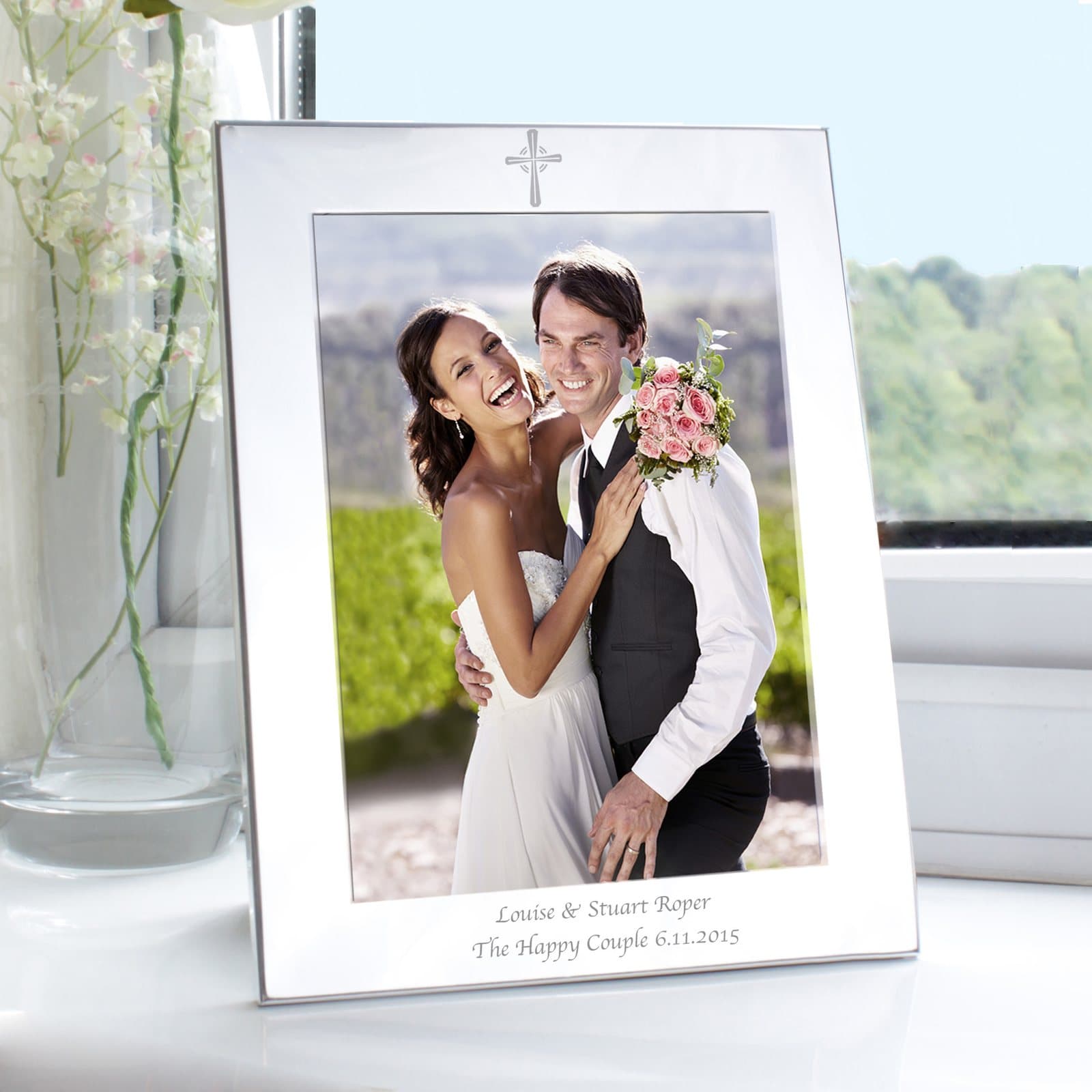 Personalised silver aluminium photo frame with a cross motif