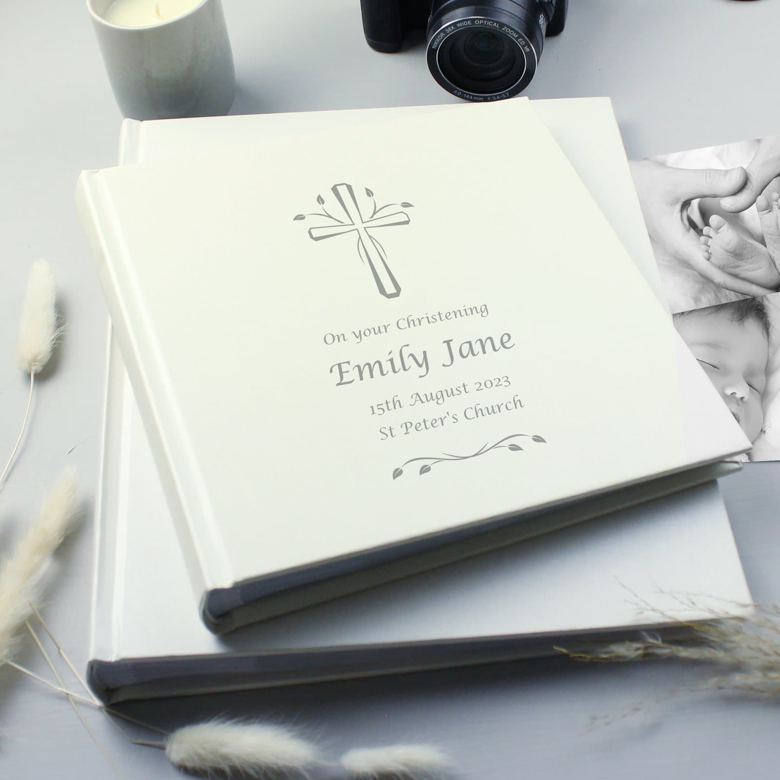 Square silver cross photo album with personalised four-line message