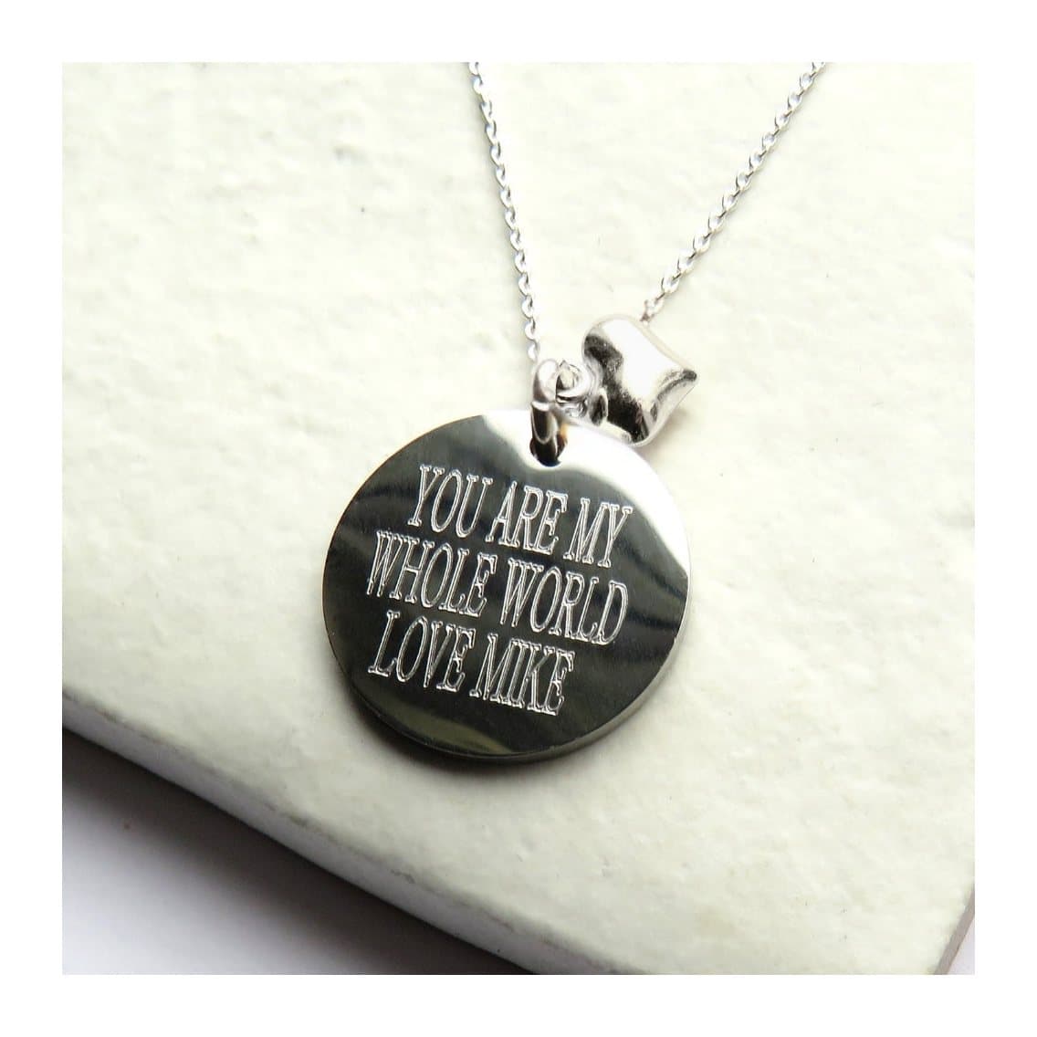 Personalised silver disc and mini heart necklace on a sterling silver chain