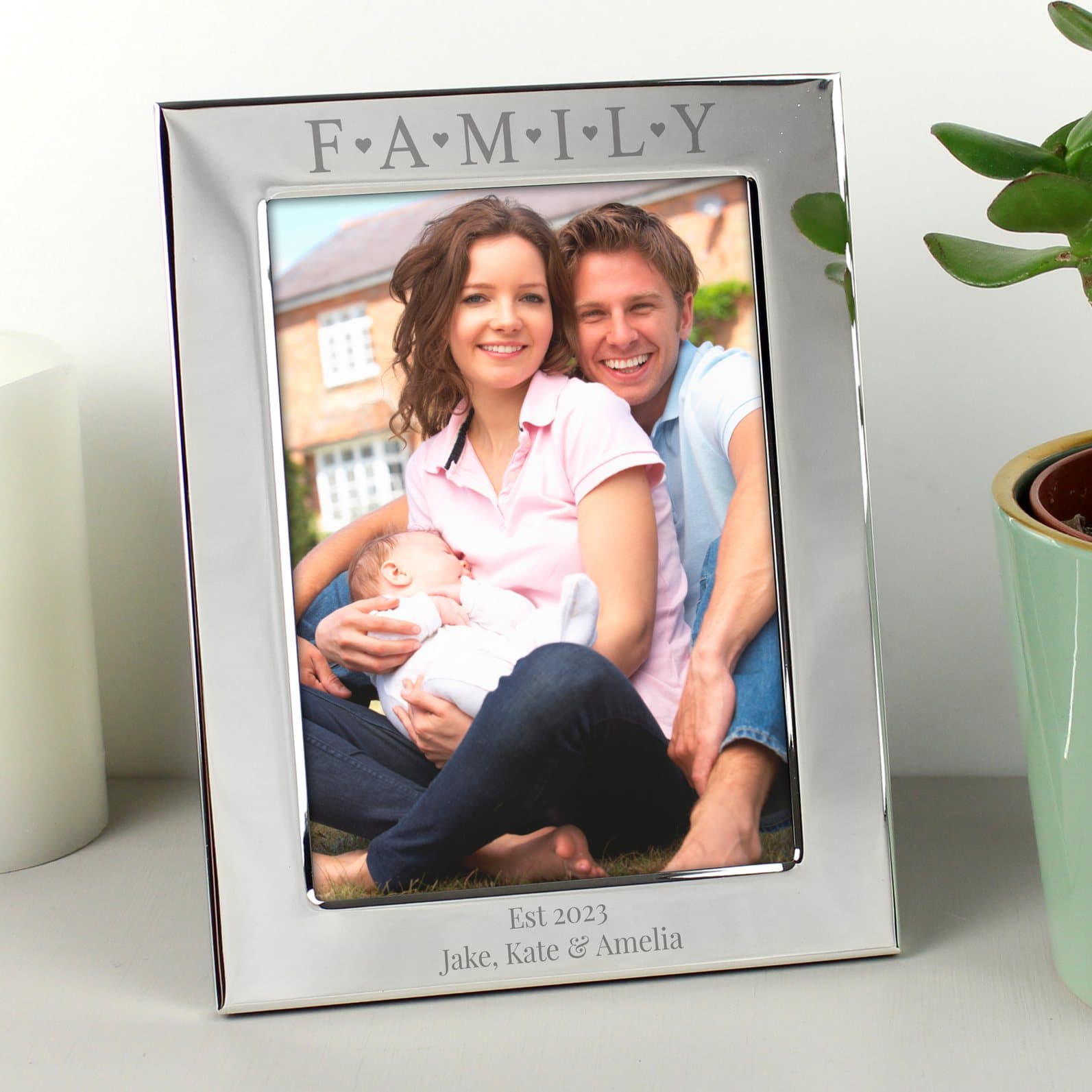 Personalised silver Family & Hearts aluminium photo frame