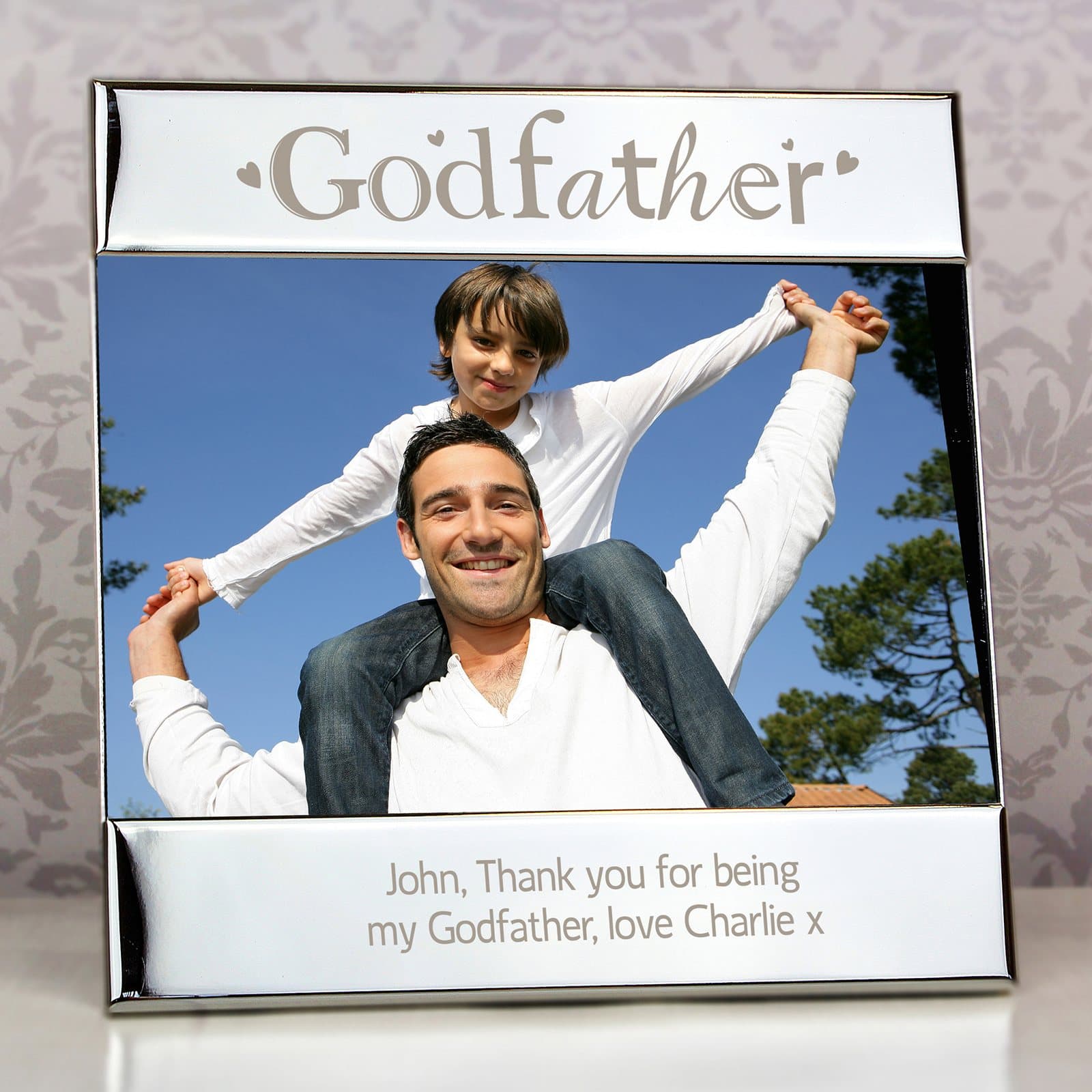 Silver square godfather photo frame with a message at the bottom