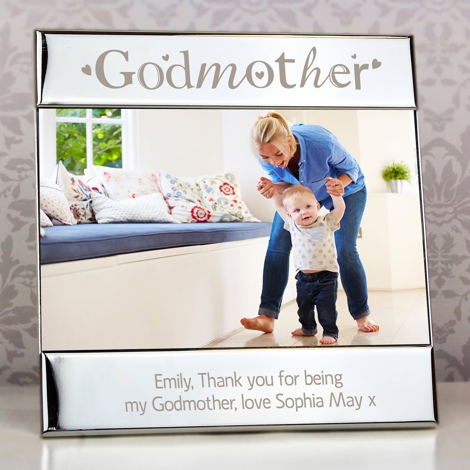 Silver square godmother photo frame with a message at the bottom