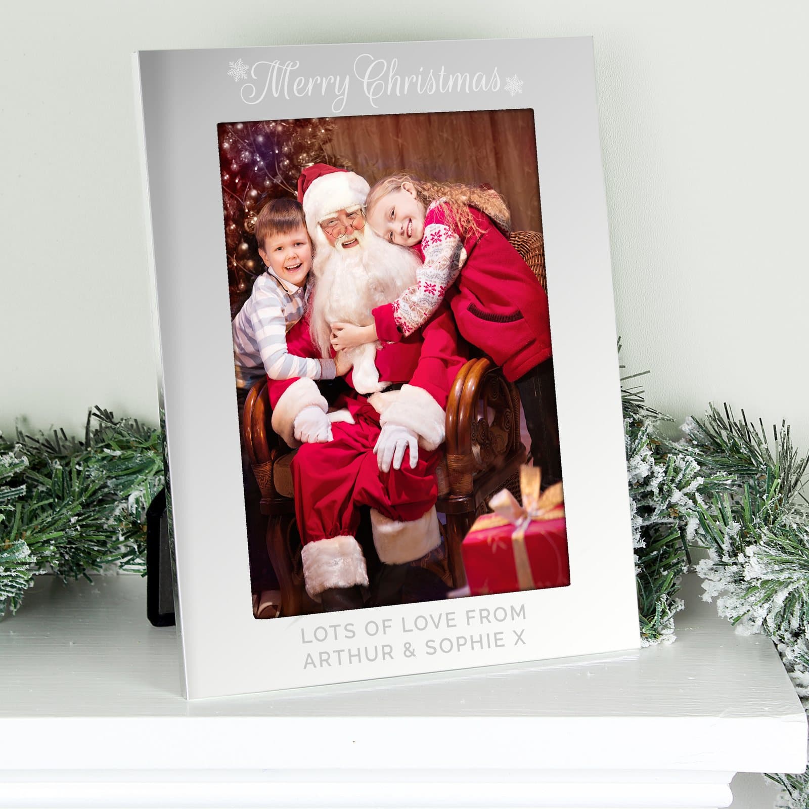 Personalised silver Merry Christmas aluminium photo frame with text on the bottom