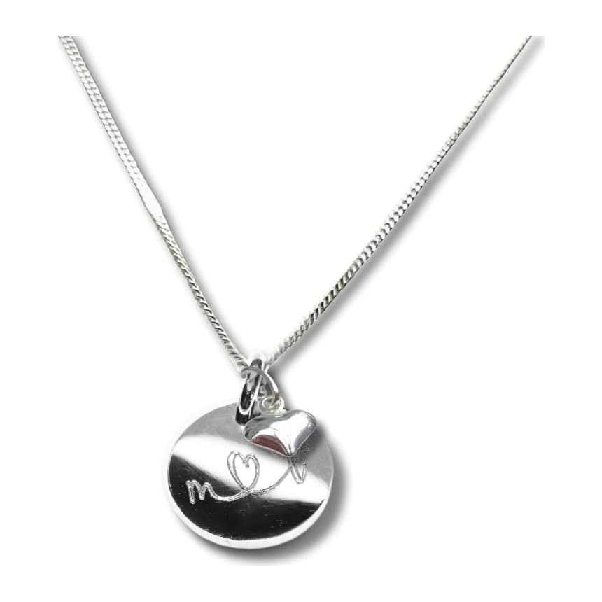 Personalised silver mini disc and mini heart necklace with an engraved initial.
