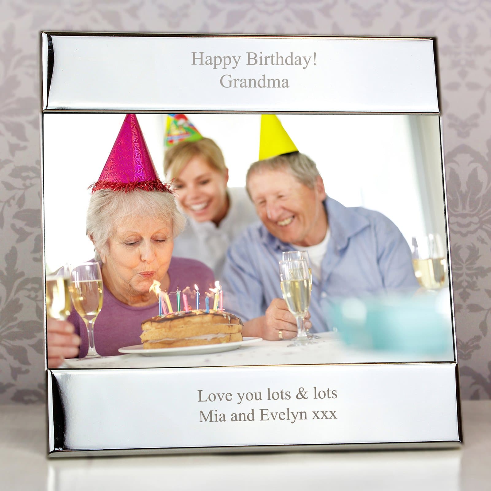 Silver 6x4 photo frame with personalised lines of text