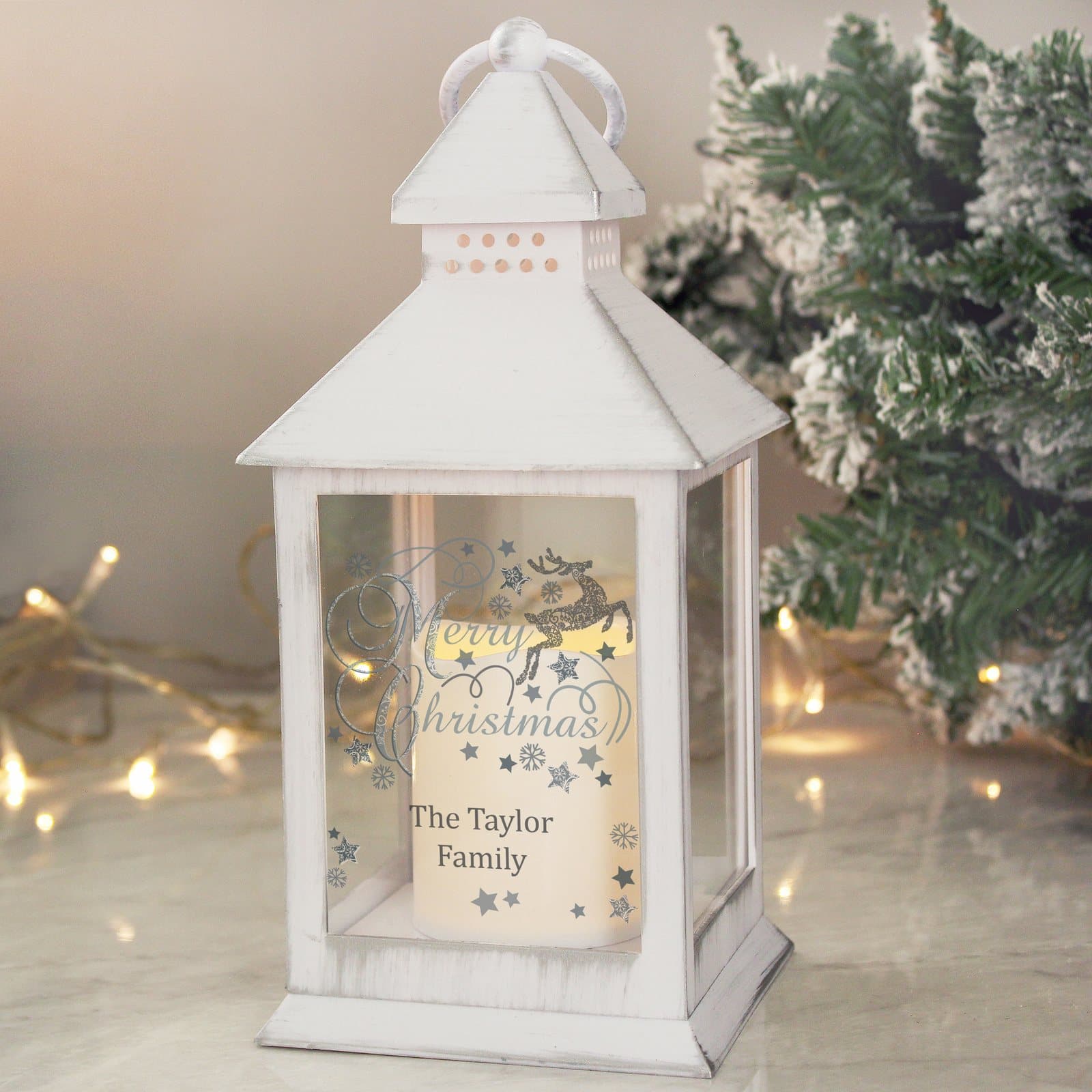Silver reindeer white light up lantern with a hoop on top