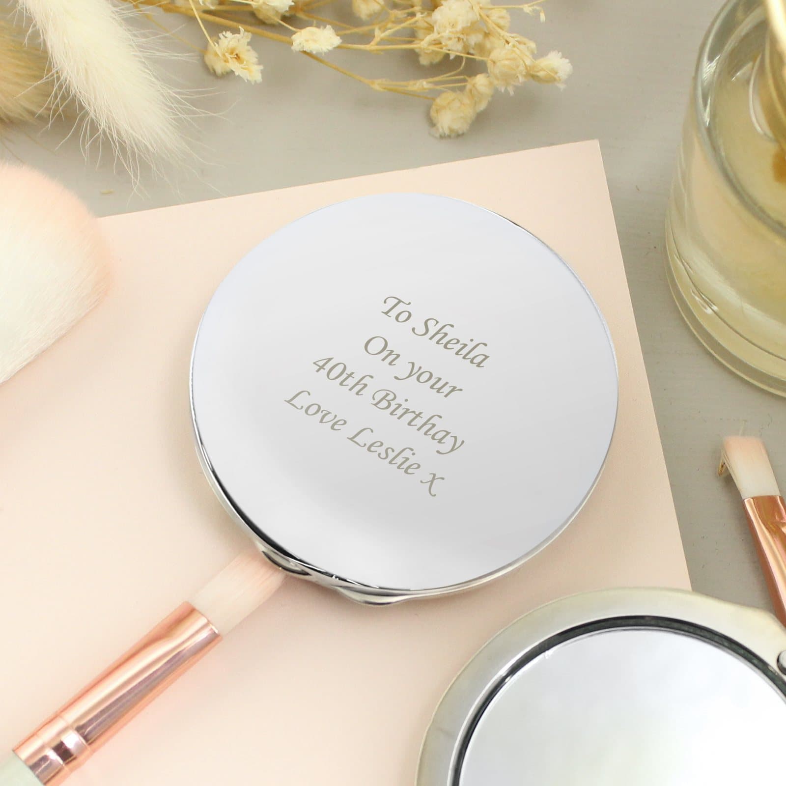 Personalised silver round compact mirror