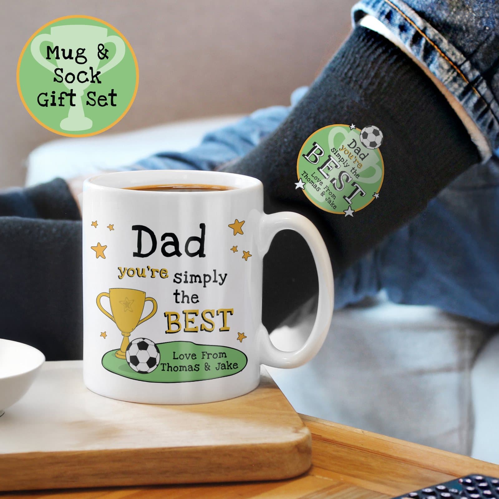 Personalised football mug and black socks set