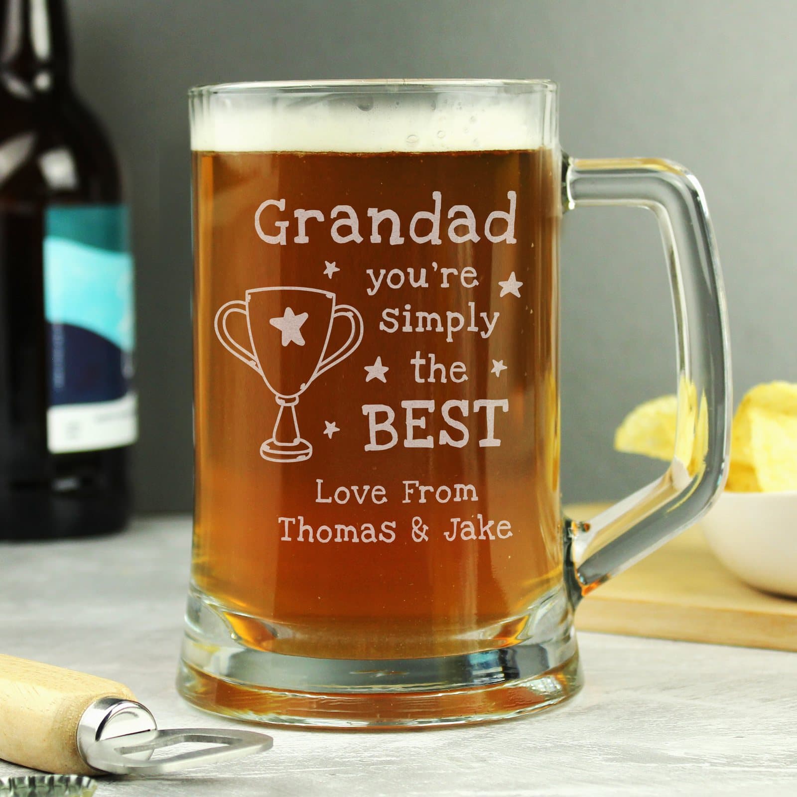 Pint tankard engraved with a trophy and Simply the Best