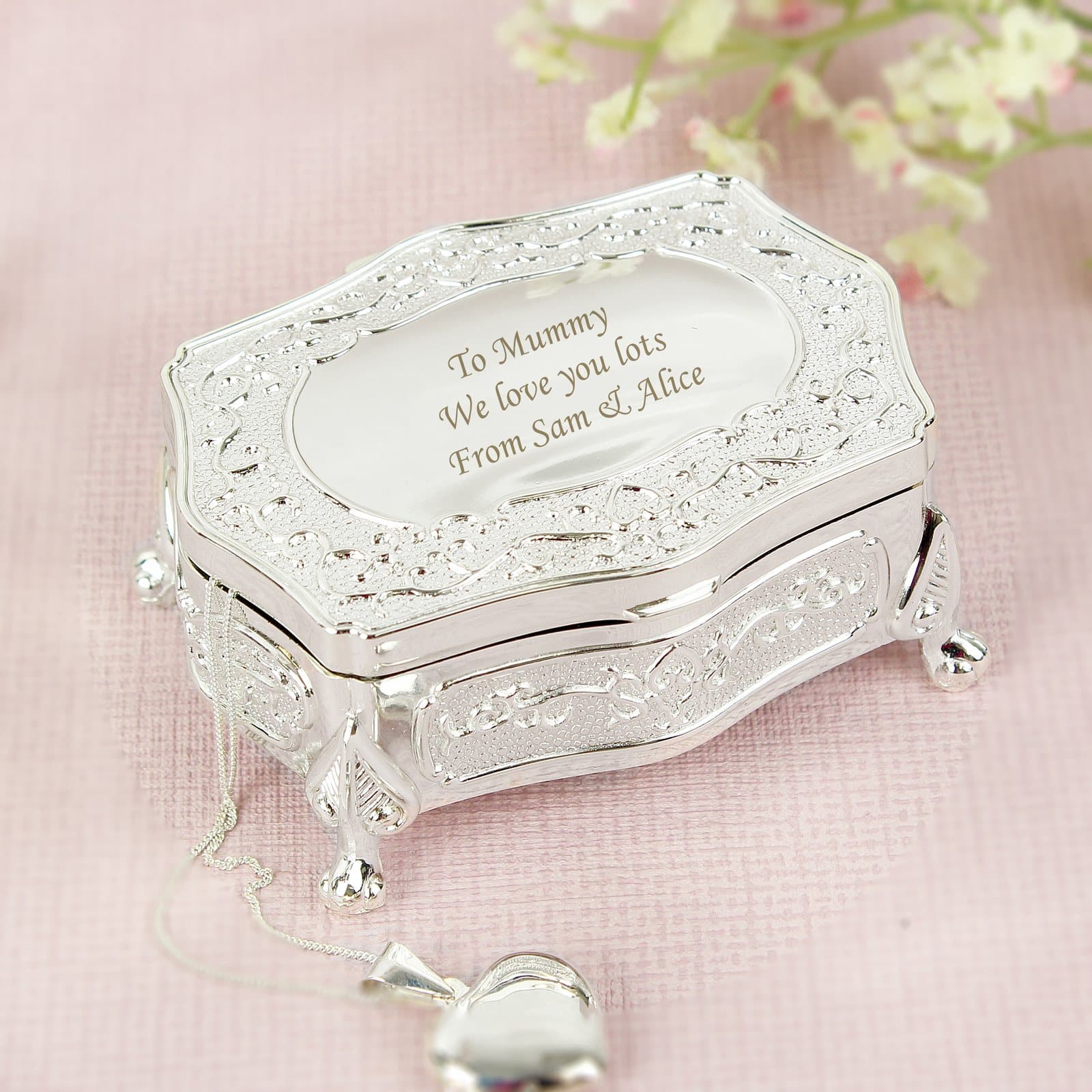 Small silver finish antique trinket box with a hinged lid
