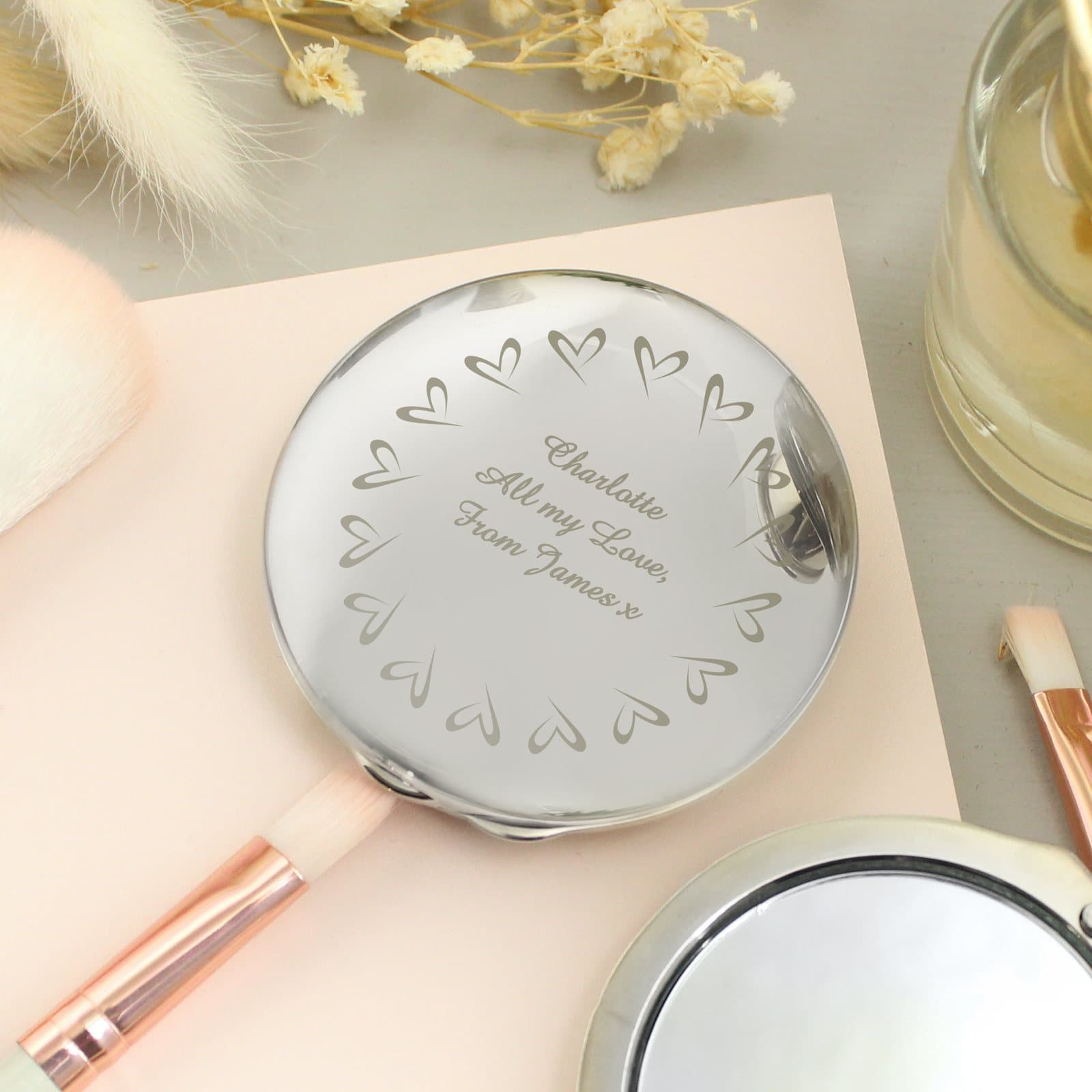 Small nickel plated compact mirror with hearts and a personalised message