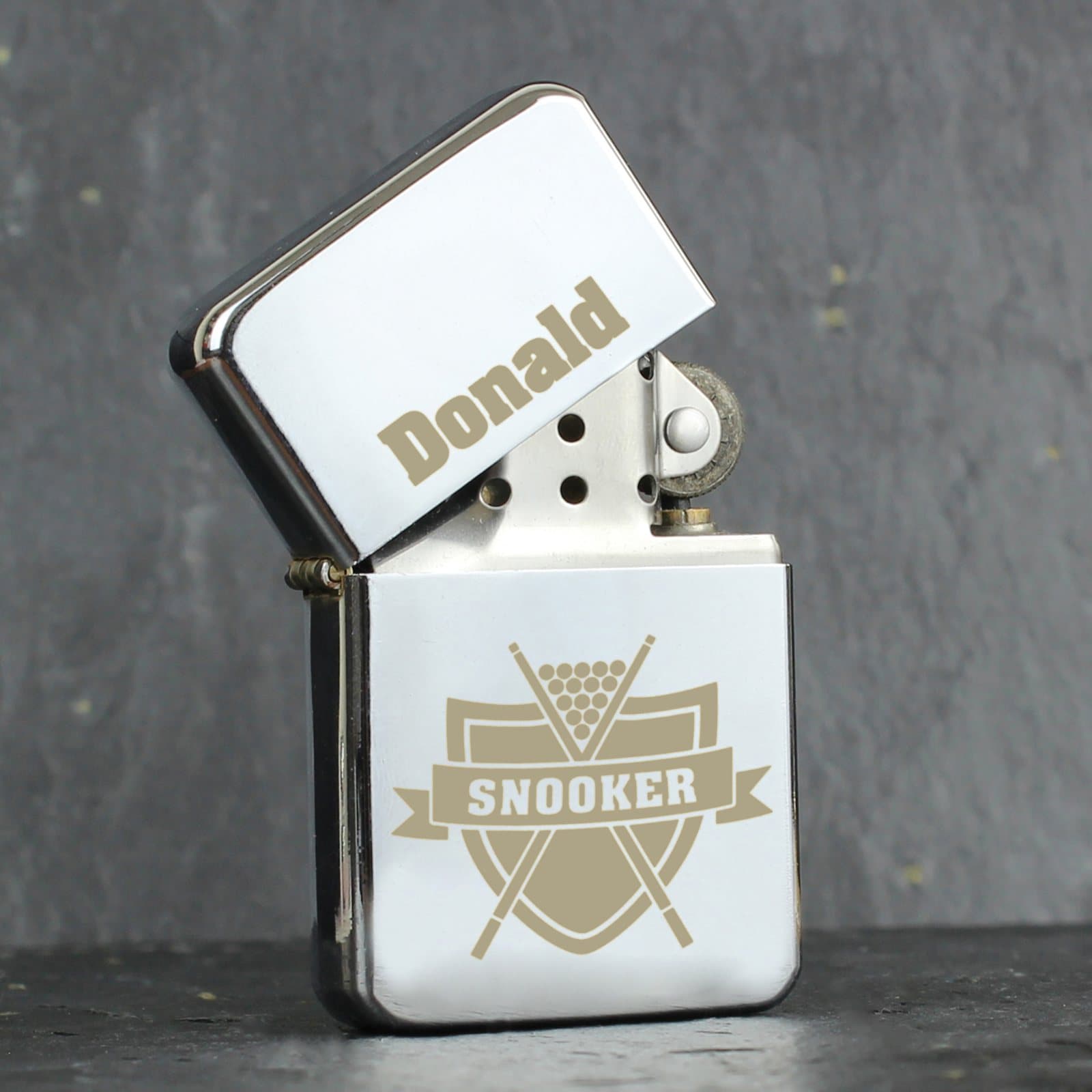 Small oil lighter with SNOOKER text and a personalised name