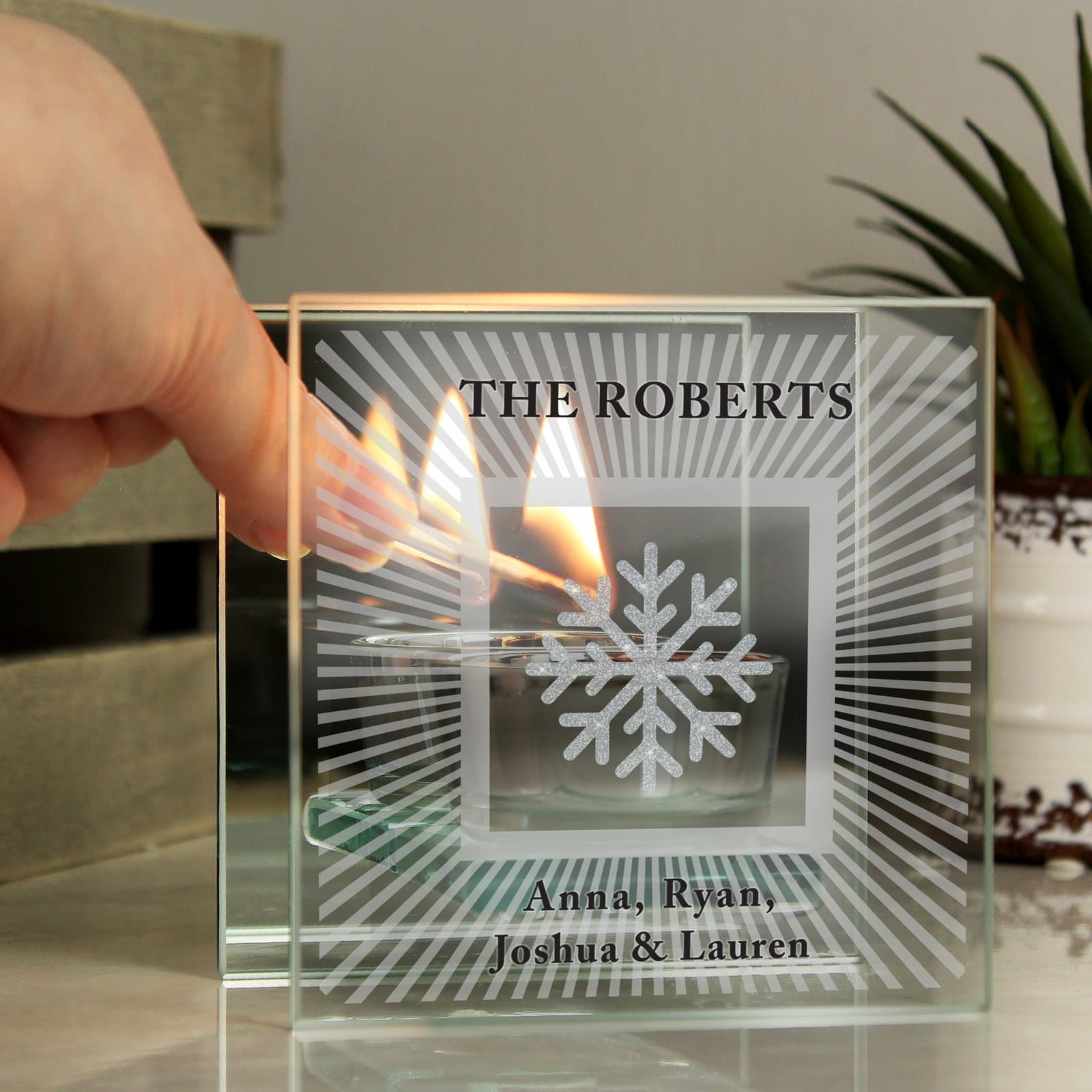 Mirrored glass snowflake tea light holder with silver glitter and personalised text