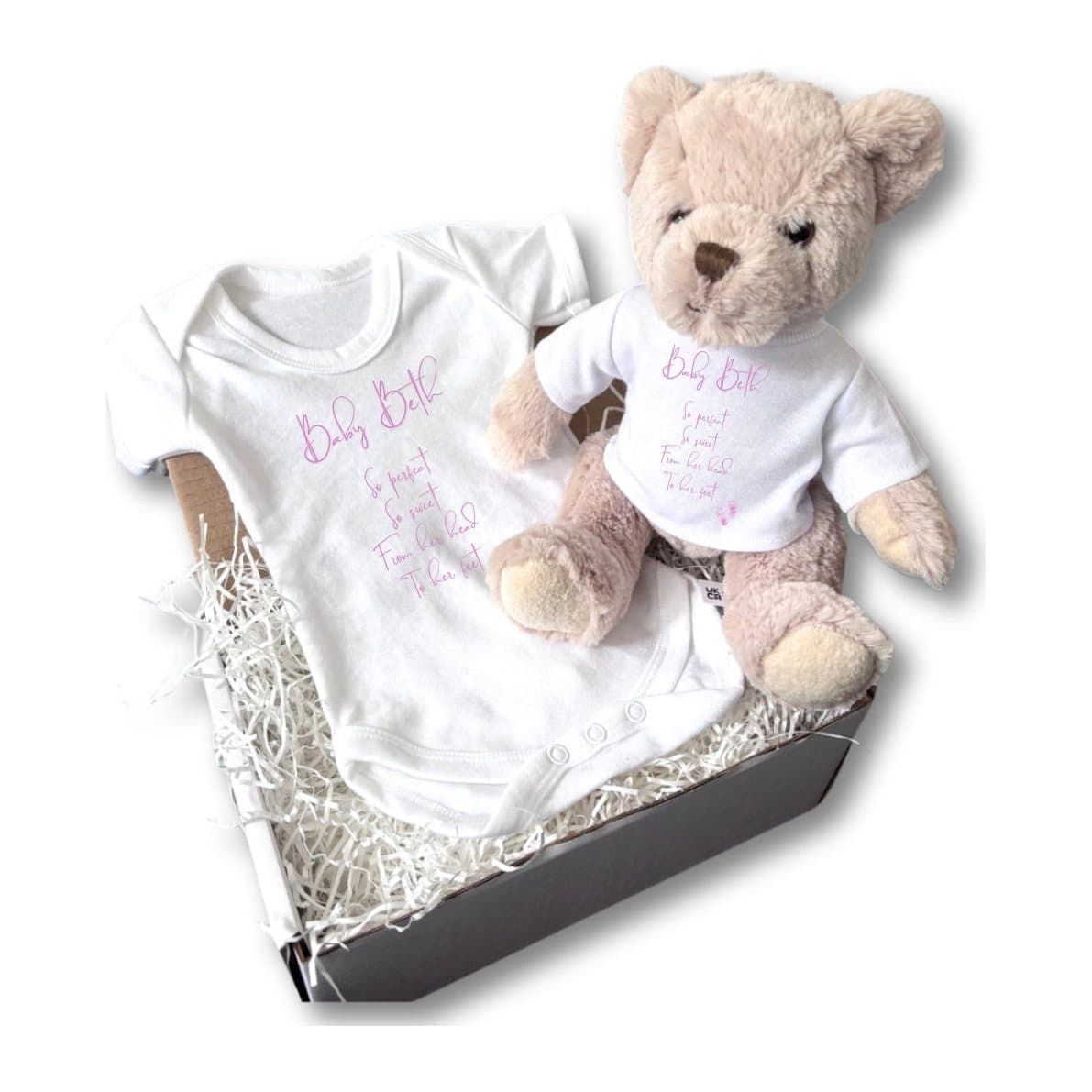 Personalised baby vest and teddy bear with a name printed on both