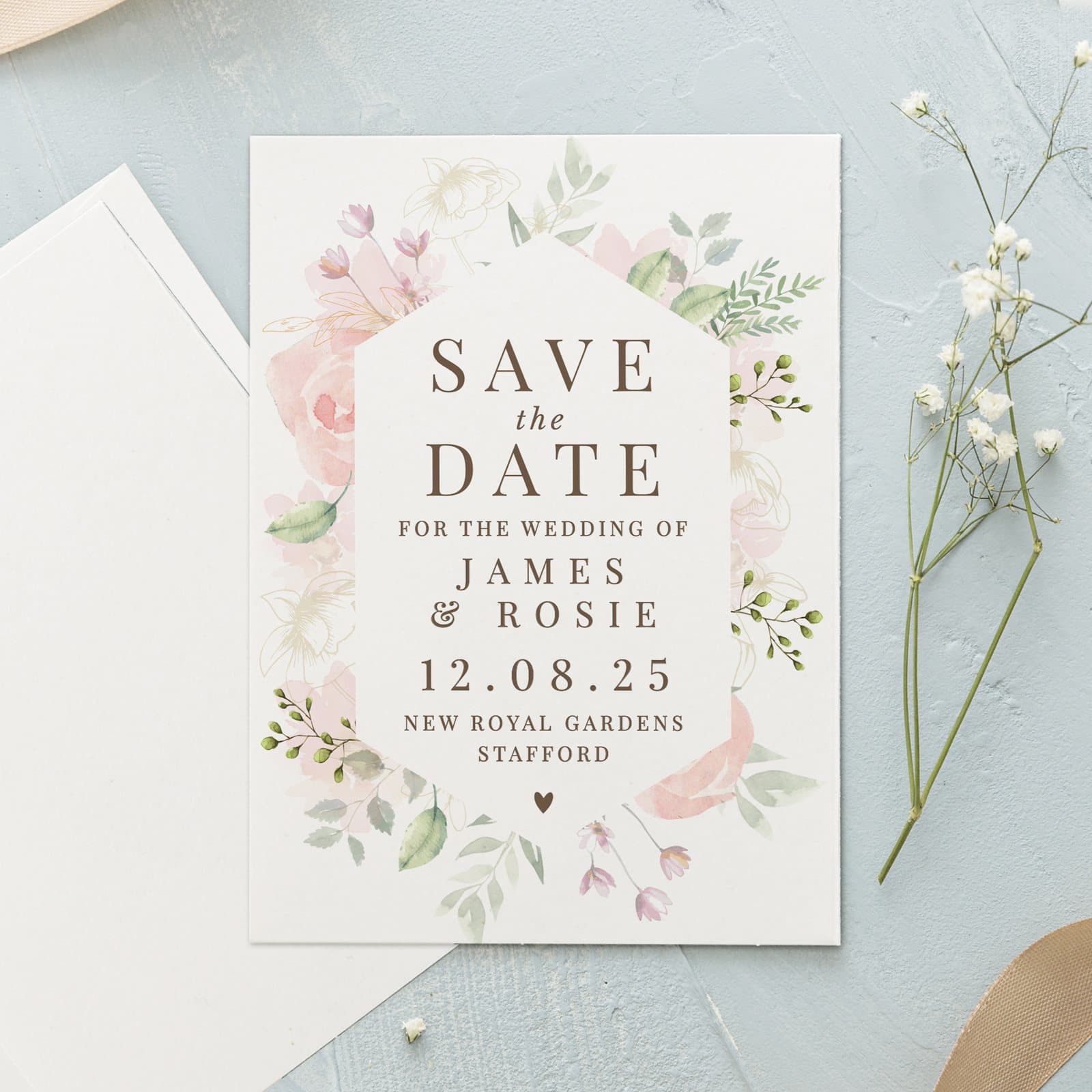 Soft floral wedding save the date card with personalised text